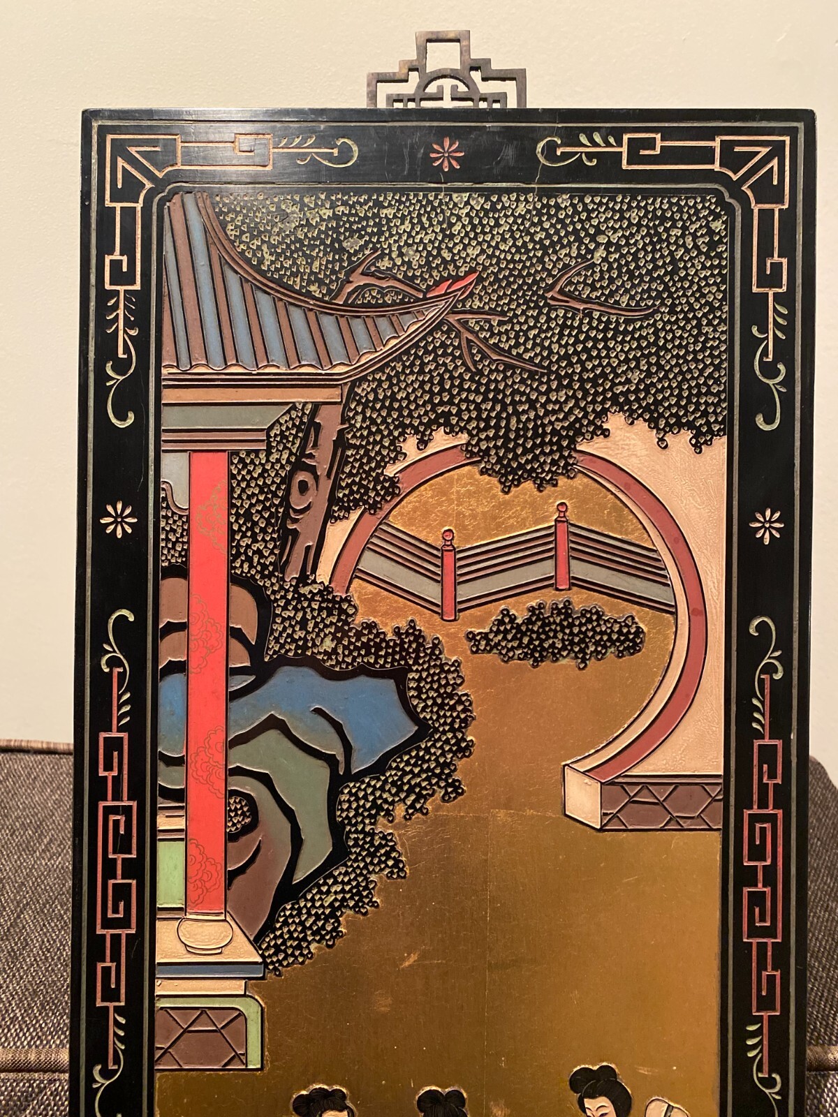 Set of 2 Vintage Lacquer Chinese Carved Soapstone Wall Art Panels 12″ x 36″