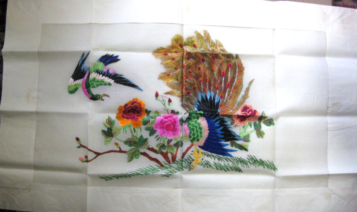 Vintage Silk Embroidery Peacock & Phoenix Chi Wen Silk Weaving Co. Hong Kong