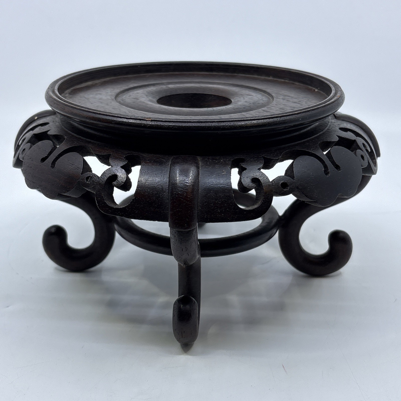 Vtg Chinese Wood Display Stand Vase Plant Asian Lamp Base Footed Legs 5.5″ Inner