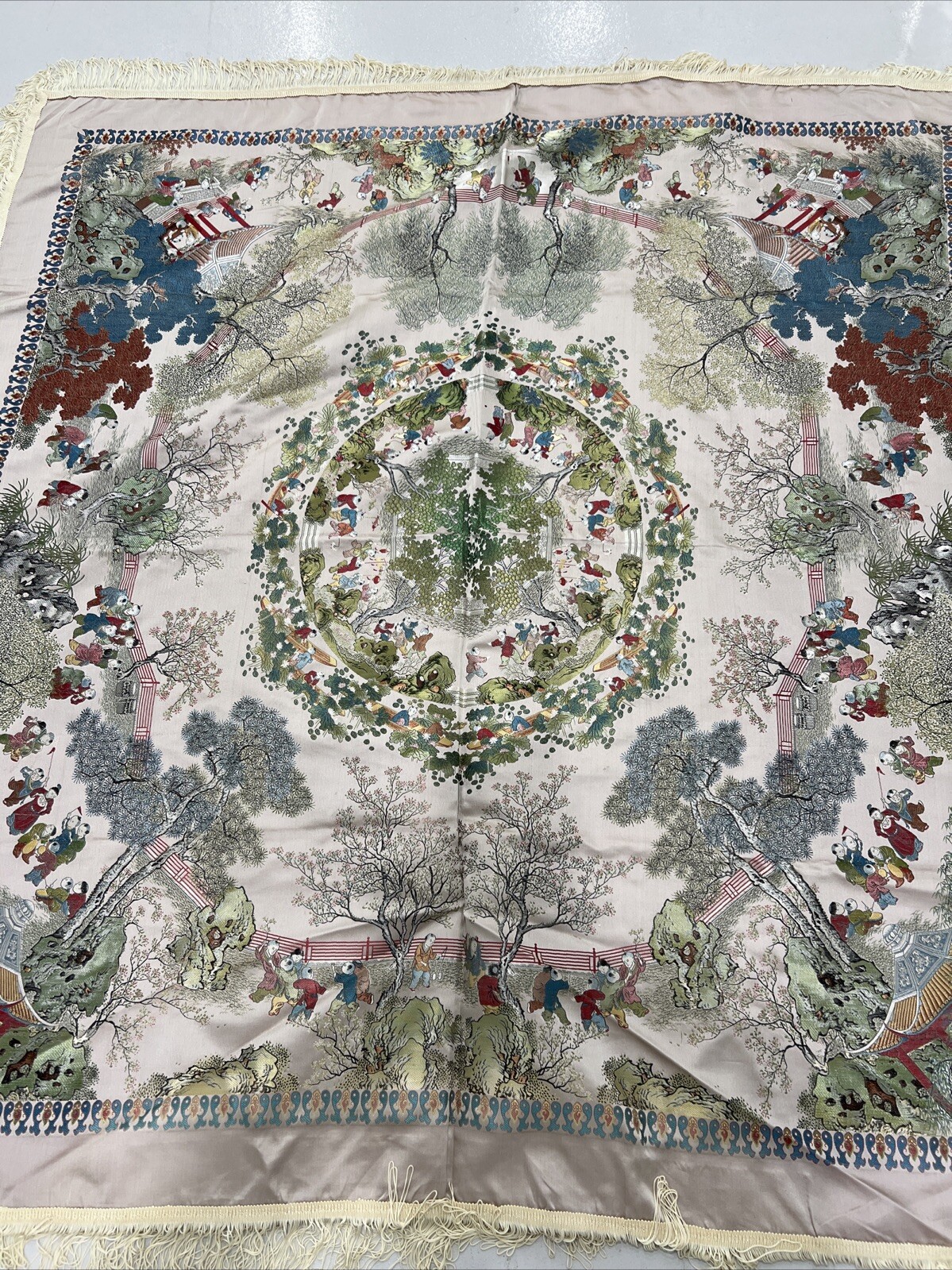 Vintage Tablecloth Brocaded Multicolored Chinese Silk Embroidery