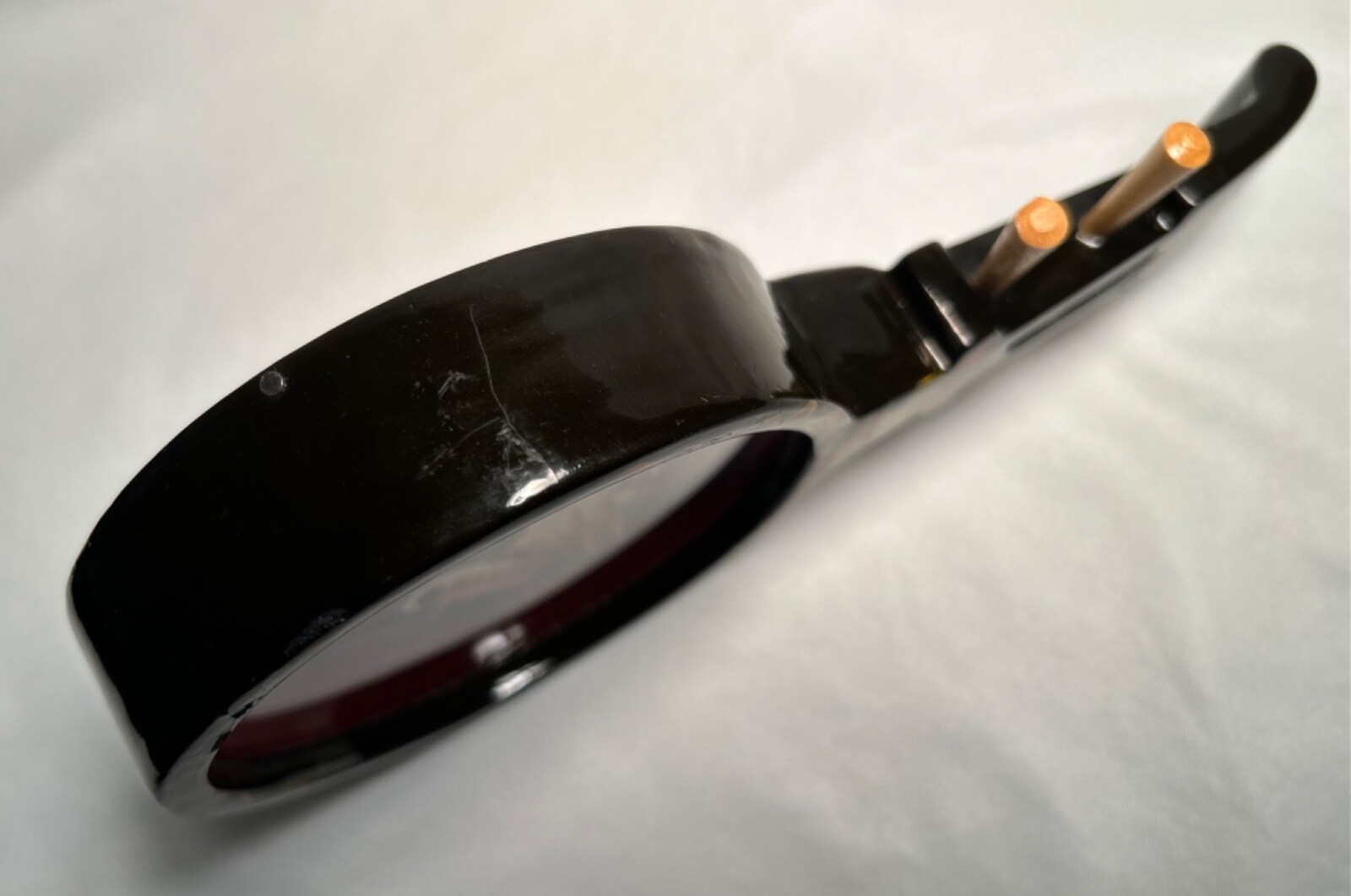 Chinese Black Lacquer Ruin-Shaped Shadow Box 8 Miniature Instruments 8.25″ READ