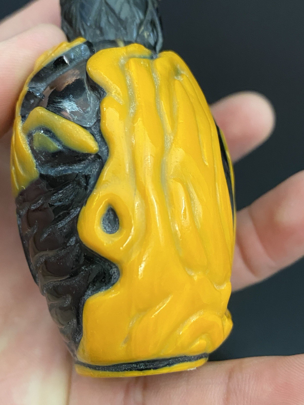 Antique Chinese Black Peking Glass Orange Overlay Snuff Bottle Jade Top