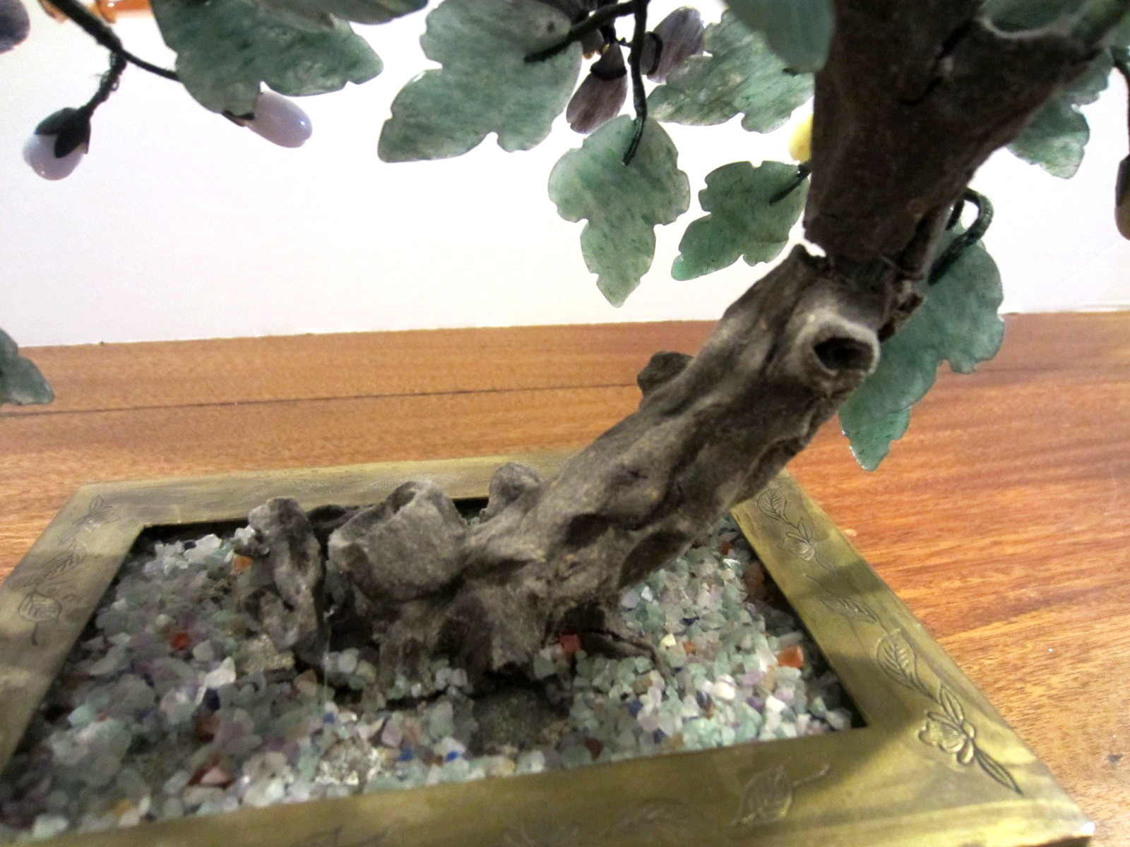 large jade/stone bonsai tree with many flowers of jade, agate, amethyst,& others