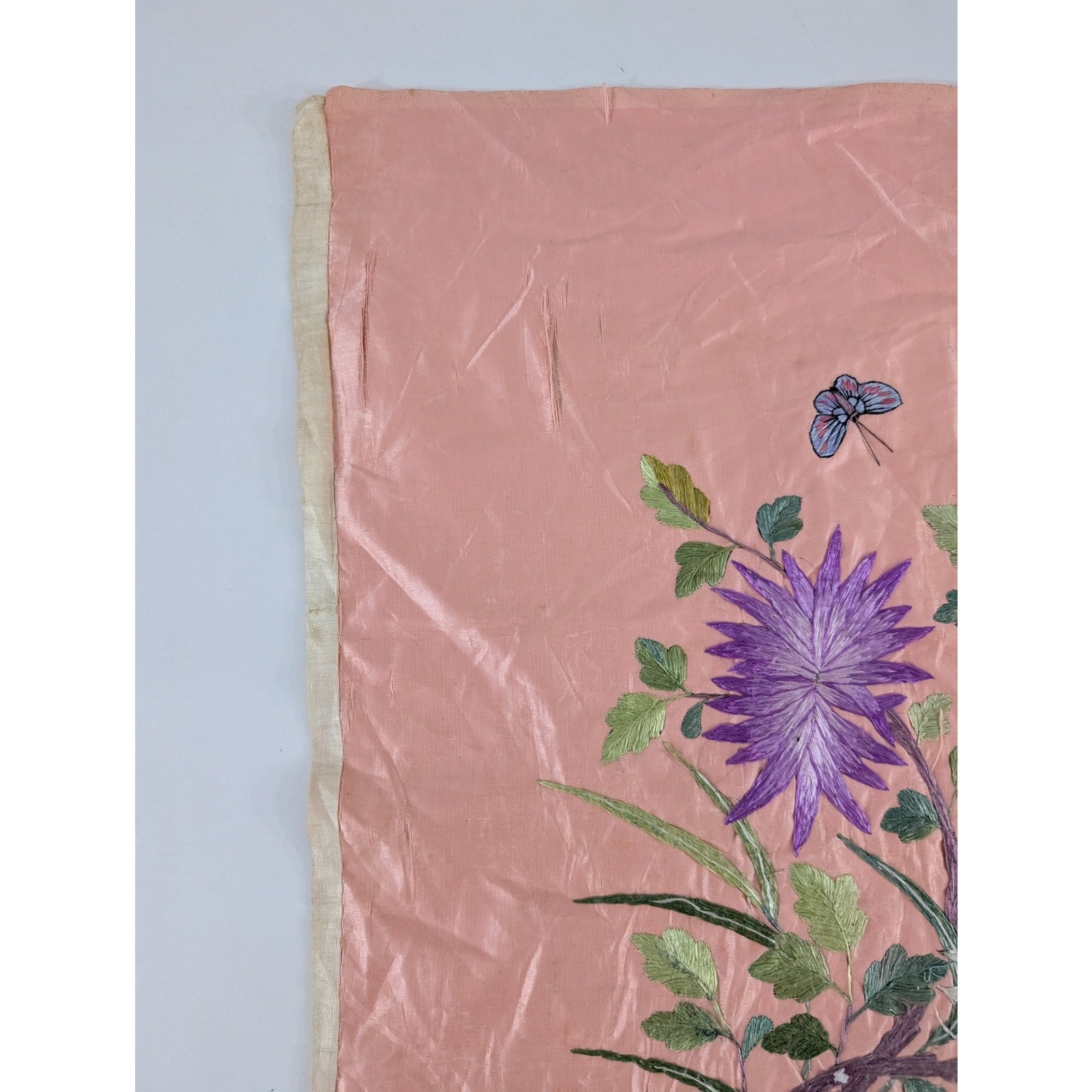 Vintage Chinese Hand Embroidered Floral & Butterfly Silk Textile 23x18in