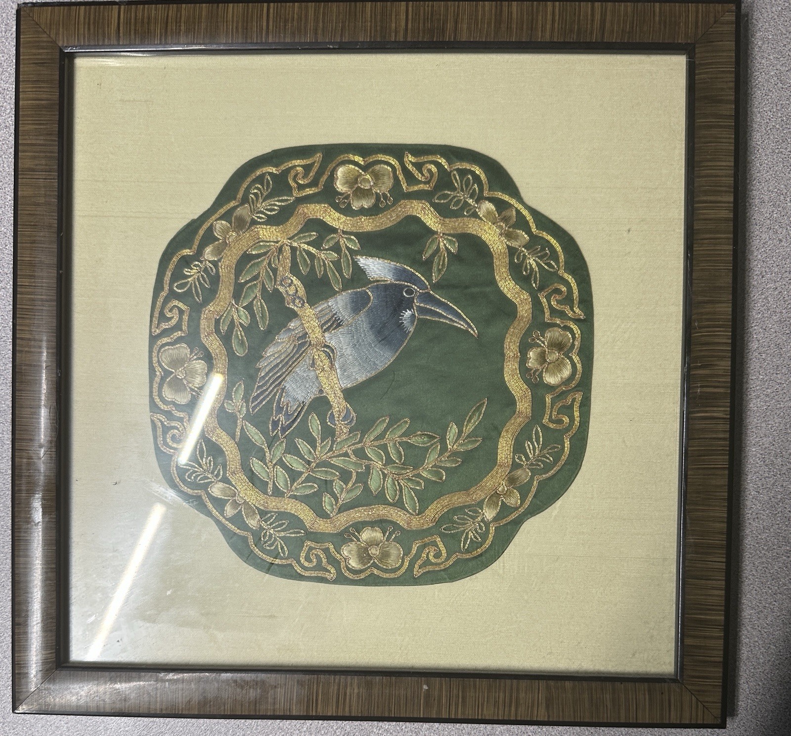 Vintage Framed Chinese Embroidered Silk Crane 7”x7” Panel 11”x11” Frame See Desc