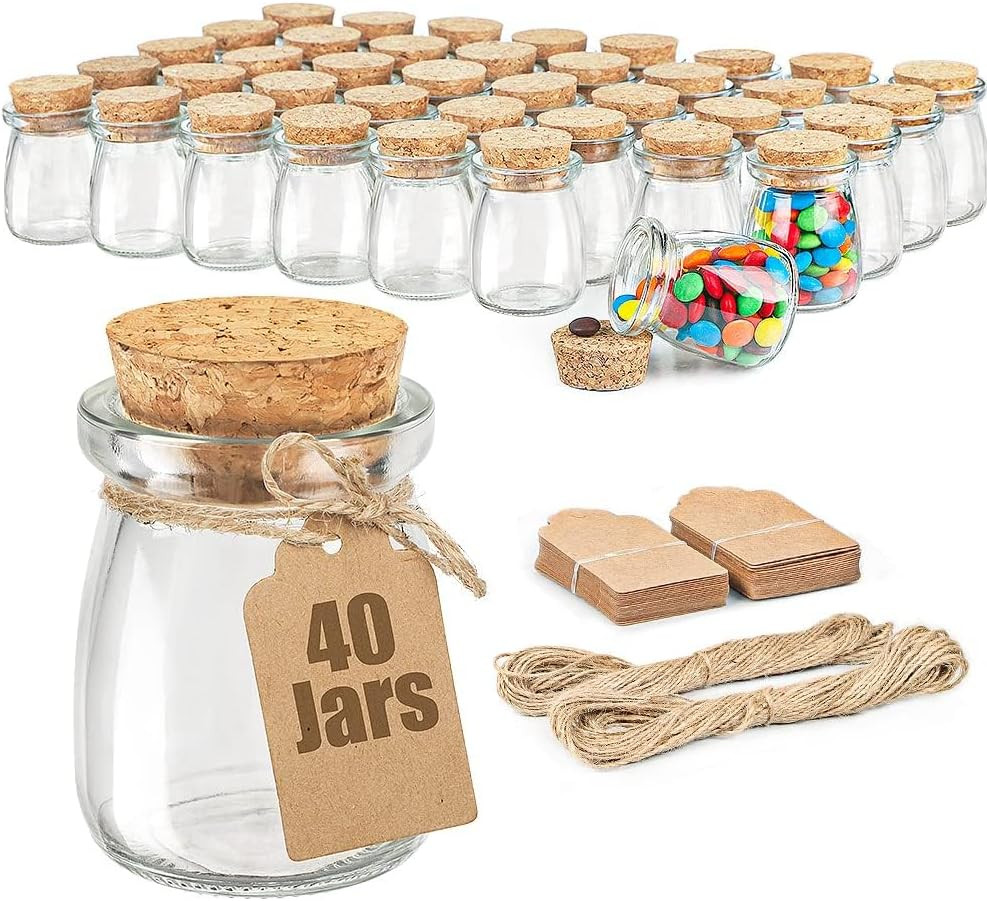 40 Pack Glass Favor Jars with Cork Lid, 3.4 Oz Small Glass Bottles