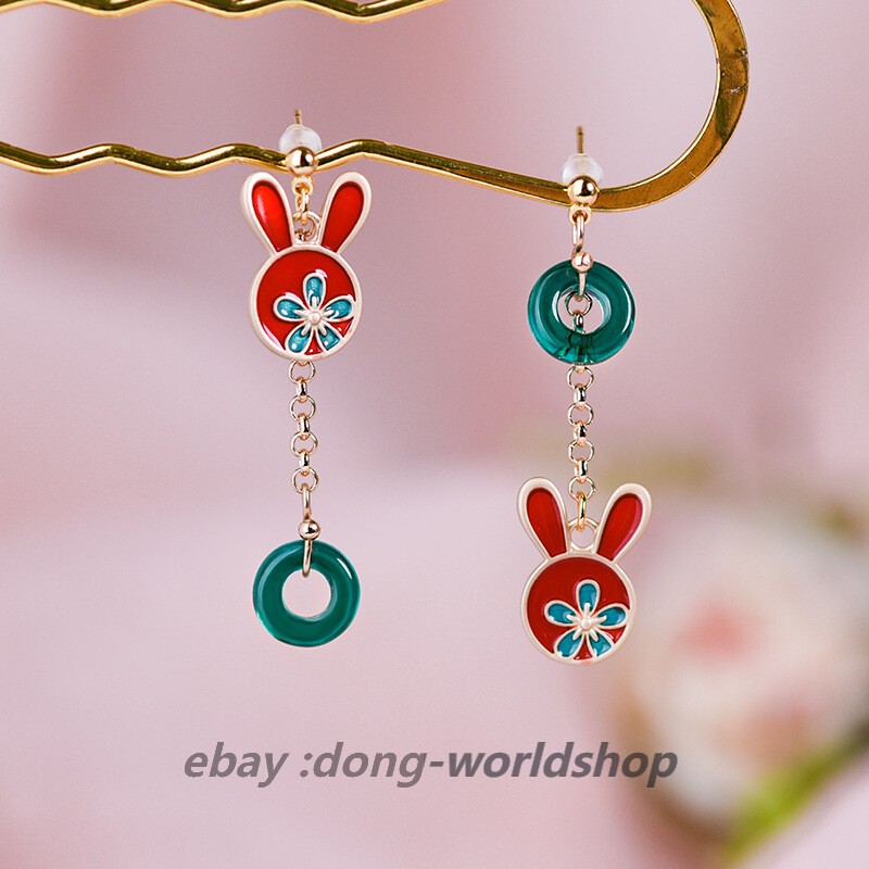 China Coloured Glaze/Oil Drop Alloy Animal Rabbit Tibetan Style Earbob Earrings
