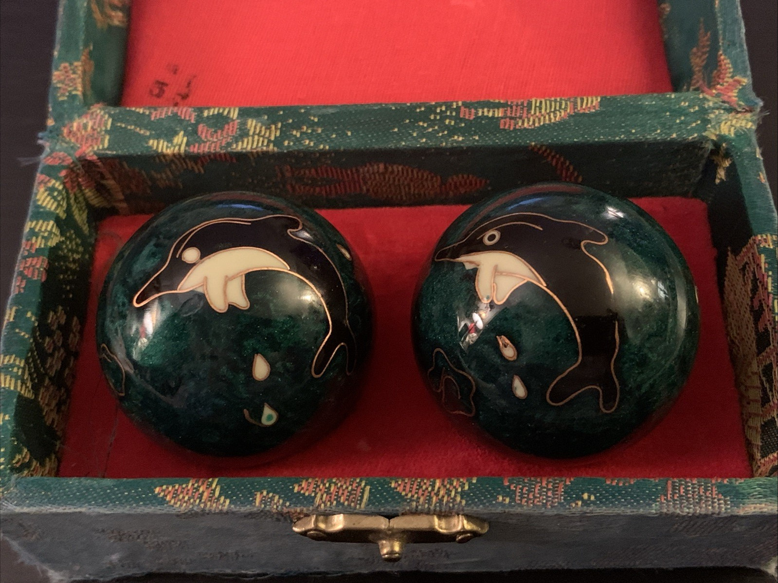 Vintage Chinese Cloisonné Baoding Balls with Chimes Green With Dolphins In Box