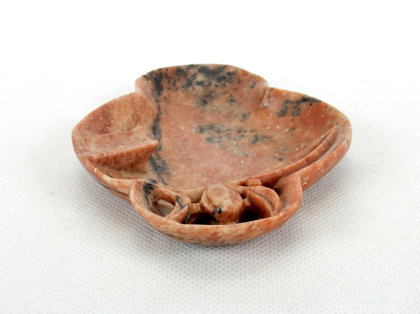 Vintage Carved Soap Stone Ashtray, Brown w/Black Highlights, Floral Design