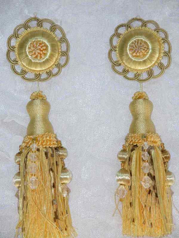 2 Rosette Tassel Fringe Bead Ball Trim Light Gold