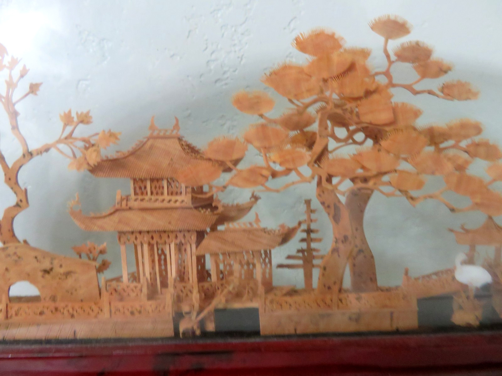 Vintage Chinese Cork Hand Carved Diorama-Pagoda/Trees/Cranes 19” X 11”