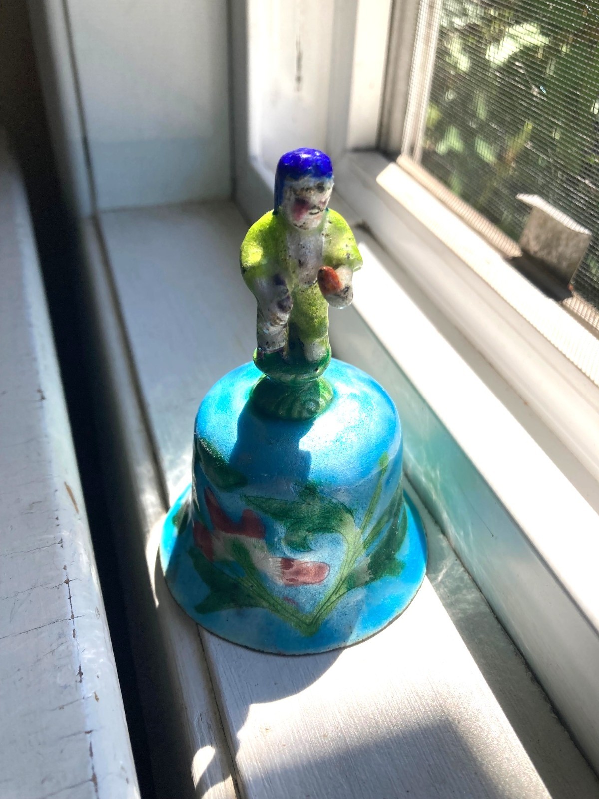 Enamelled Metal Chinese Bell Immortal Figure on Top Floral Blue Green Pink 4 in