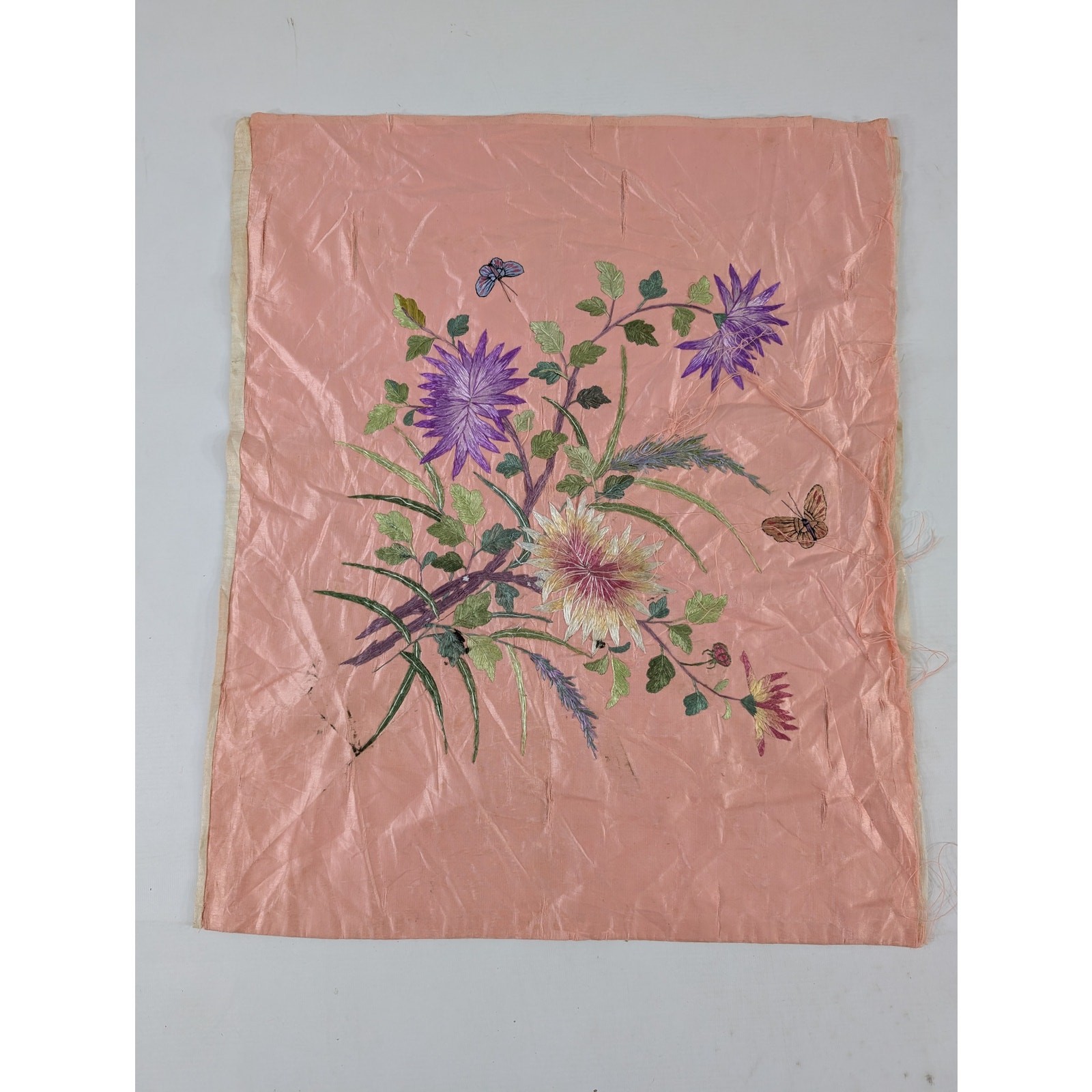 Vintage Chinese Hand Embroidered Floral & Butterfly Silk Textile 23x18in