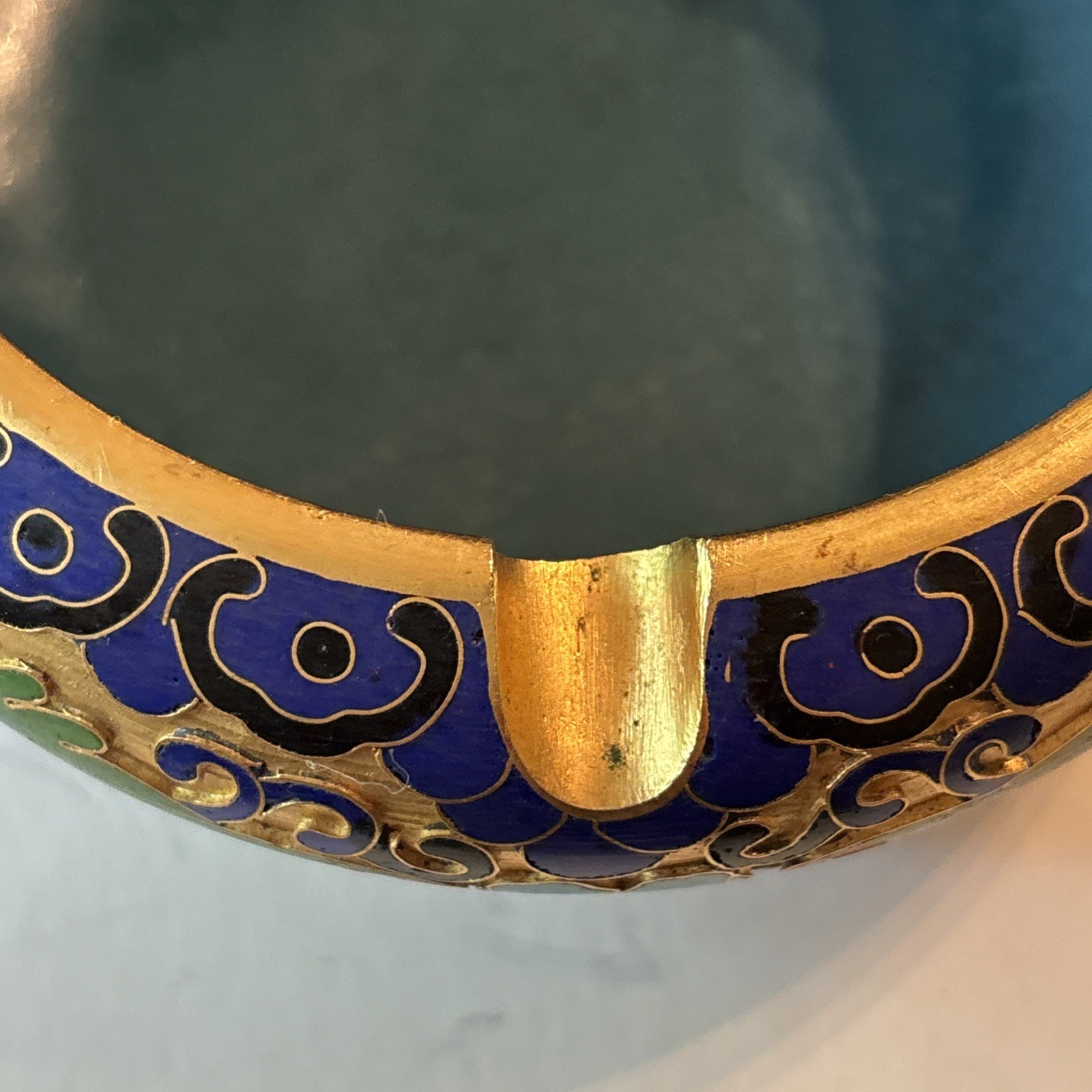 Vintage Chinese Cloisonne Enamel Ashtray Lotus Flowers Teal Gold MCM 4.5” Ornate