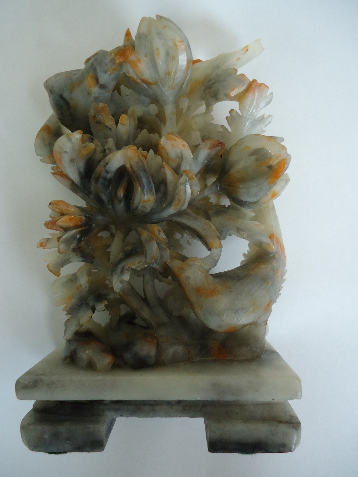 Vintage Chinese Hand Carved Soapstone Sculpture with Birds & Flowers