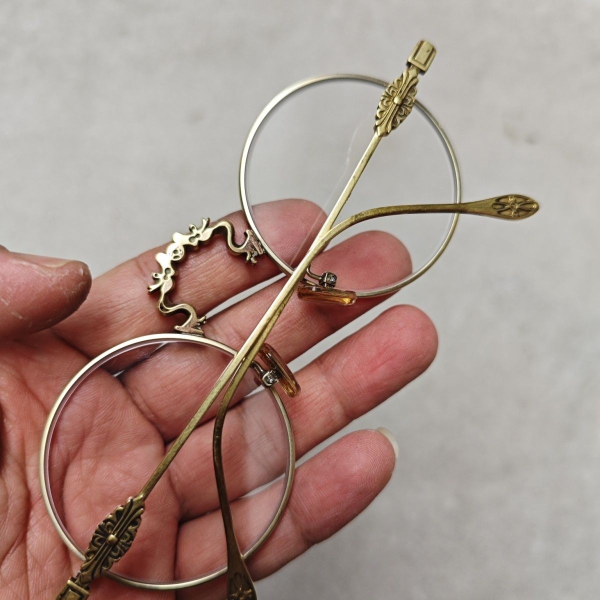 Vintage Copper Nickel Alloy Frame Crystal Eyeglasses Double Dragon Design