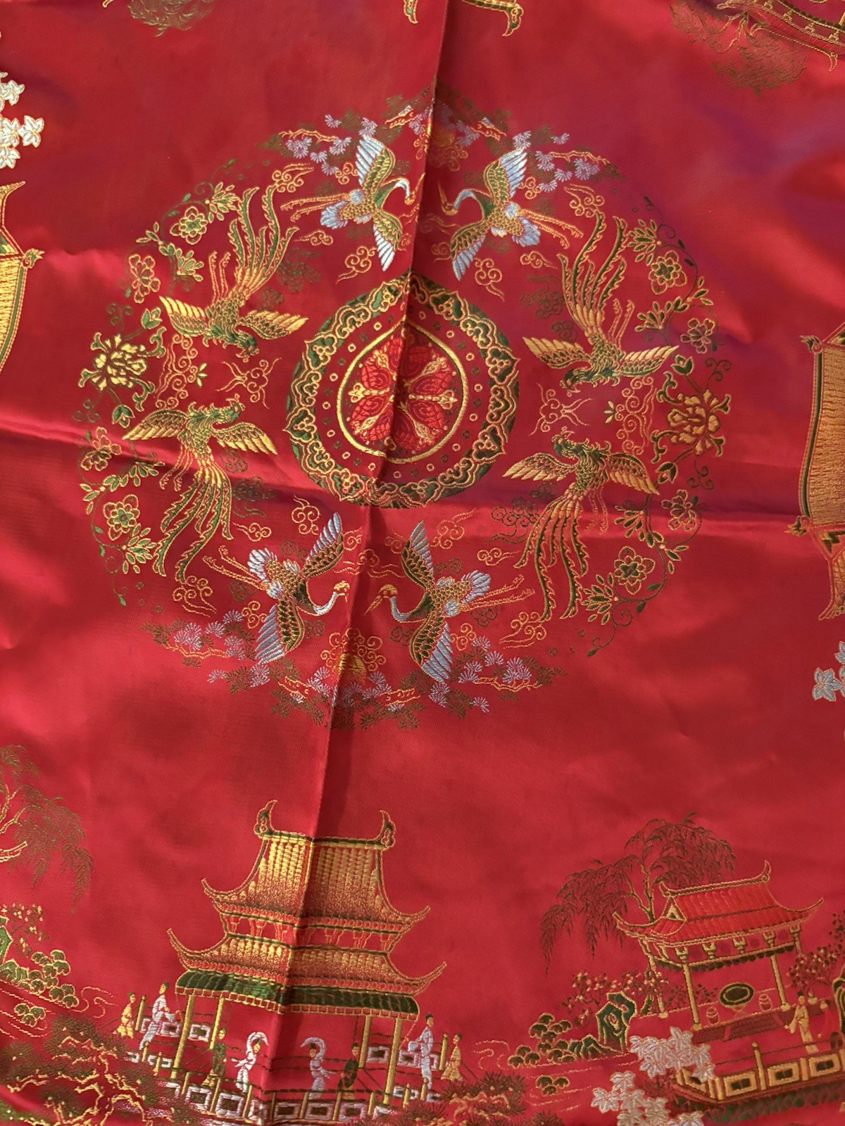 Vintage Brocaded Flowers Chinese Silk Tapestry Table Cloth 38” X 38”