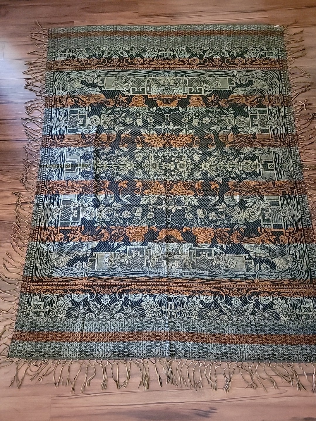 Vintage Asian Brocade Floral Silk Tapestry Bedcover Fringe Double Sided