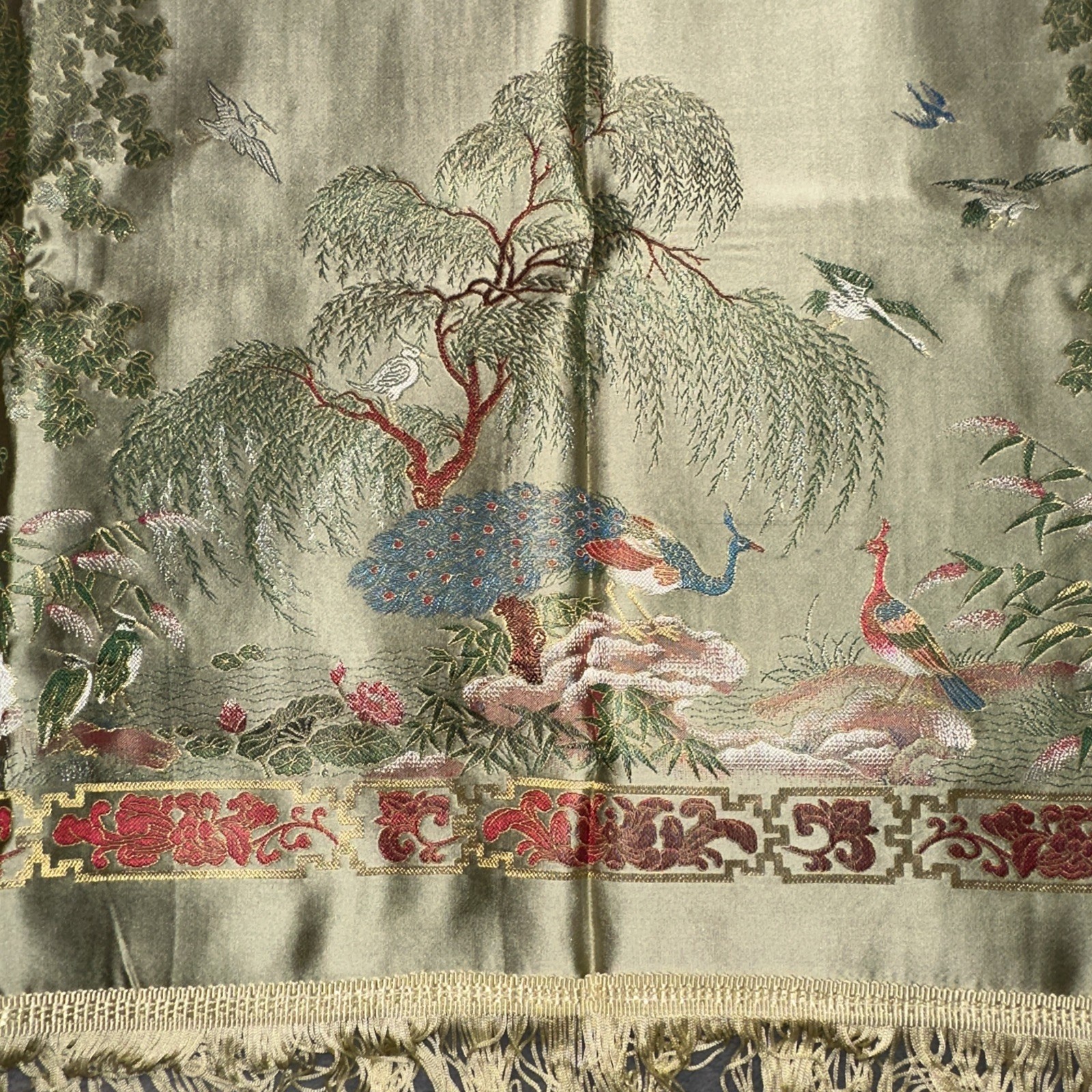 Vintage Brocaded Flowers Tablecloth Dujinsheng Silk Weave Fringe Peacock Crane
