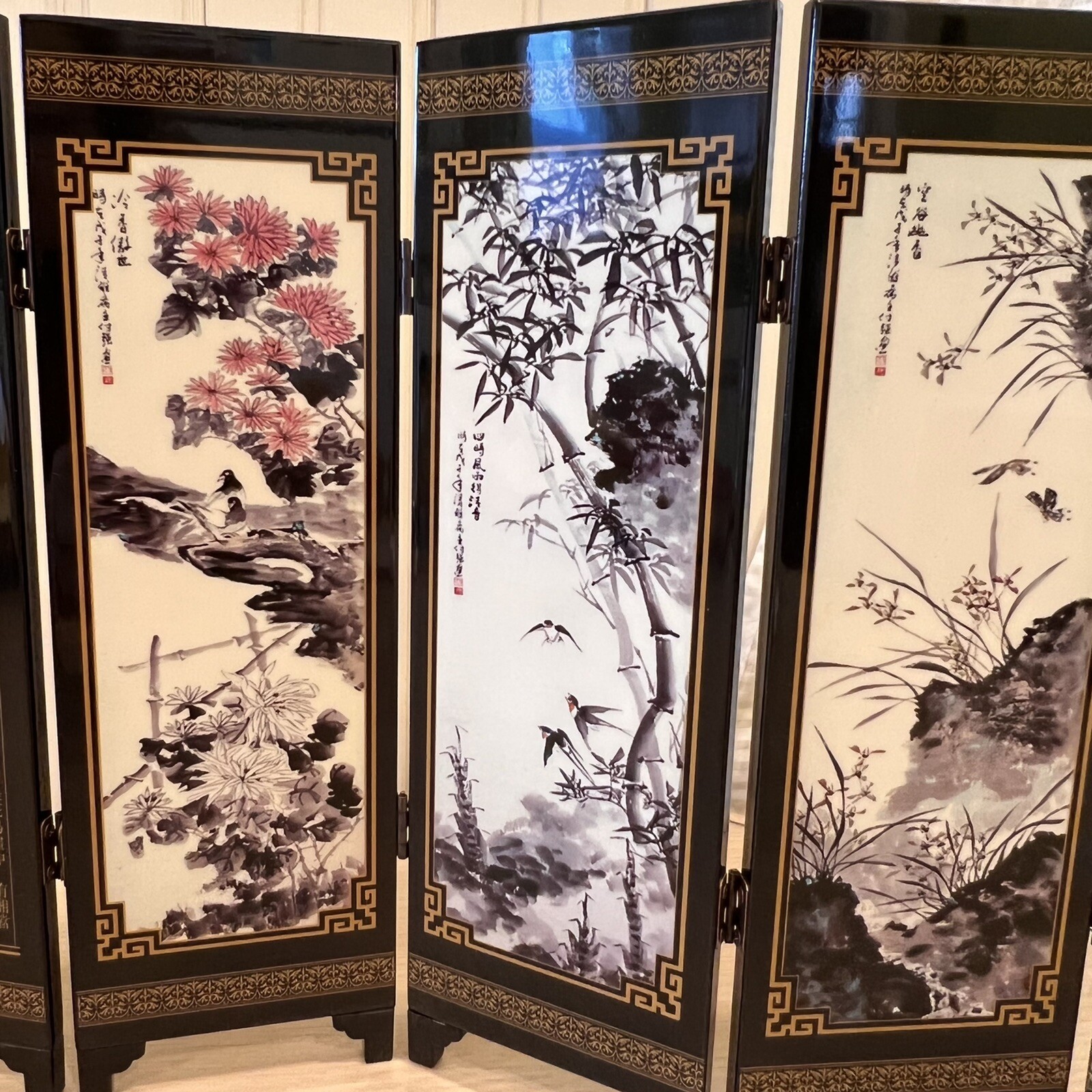 MINI ASIAN ORIENTAL 6 PANEL 9.5”TABLETOP ROOM DIVIDER LACQUERED Gift Boxed