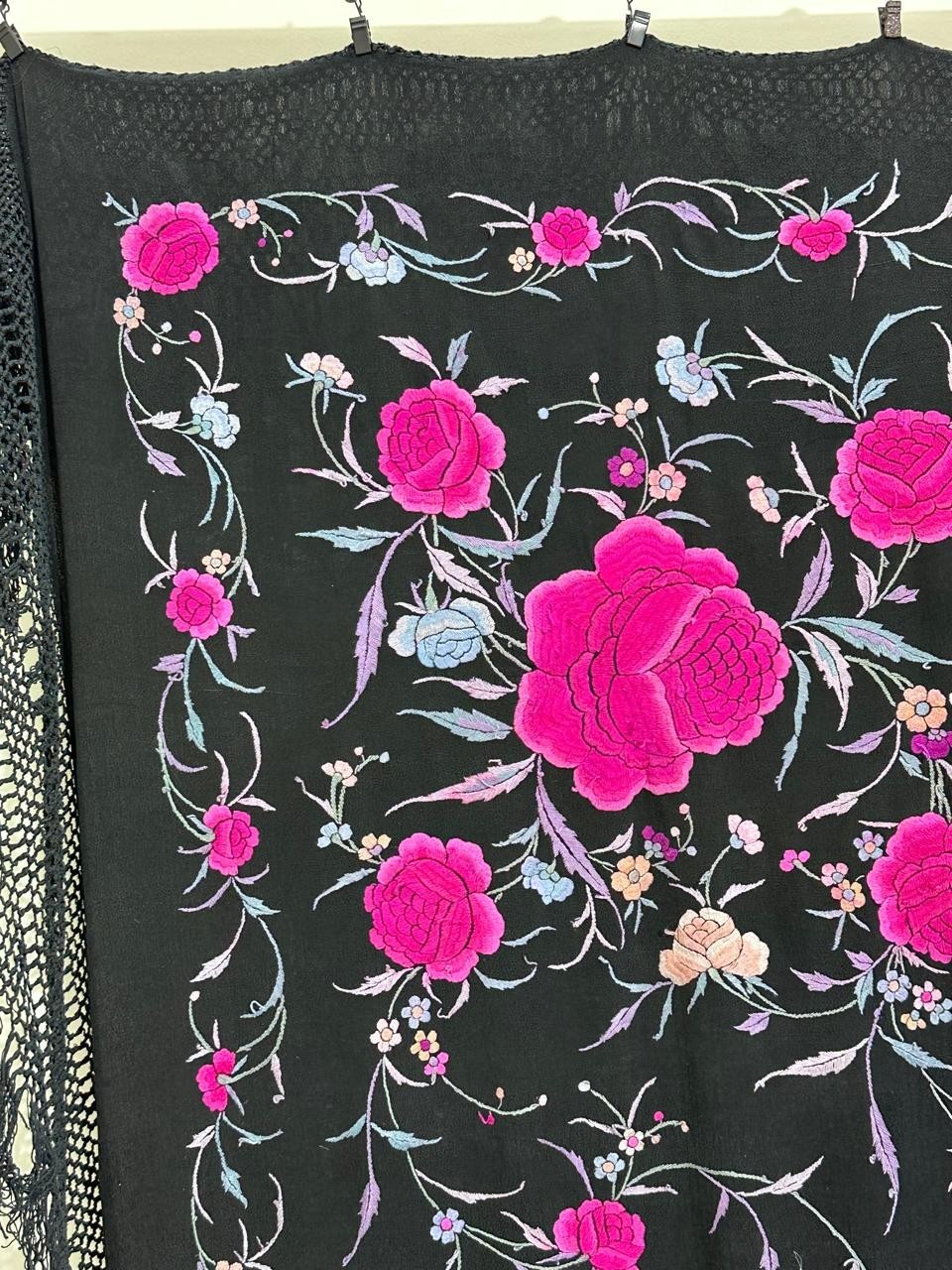 Antique Menton De Manila Silk Black Ground Multi Embroidery Piano Shawal,