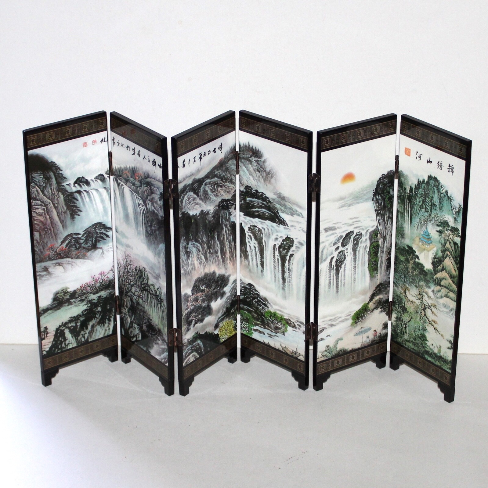 Jin Xiu Shan He small Chinese 6 panel screen divider lacquer decor asian