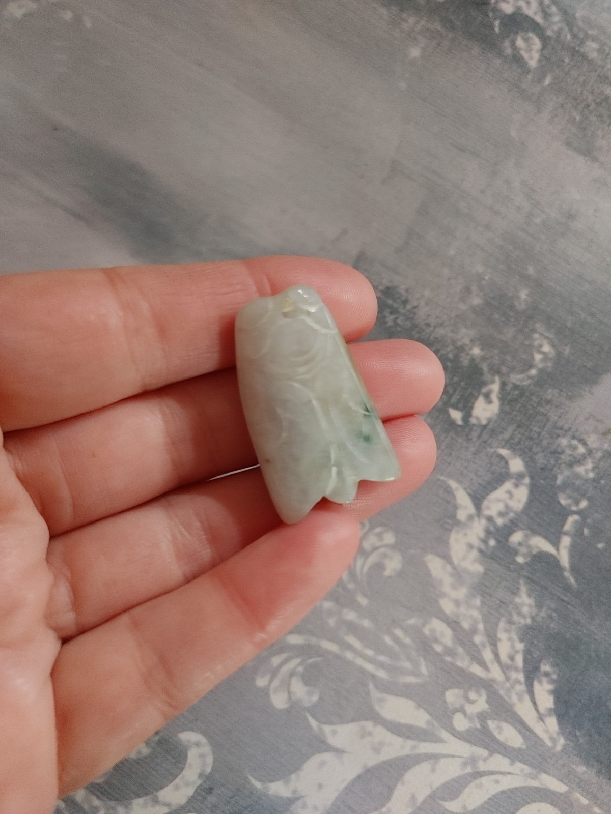 Vintage jade bead carved insect cicada winged beetle drill hole at top center