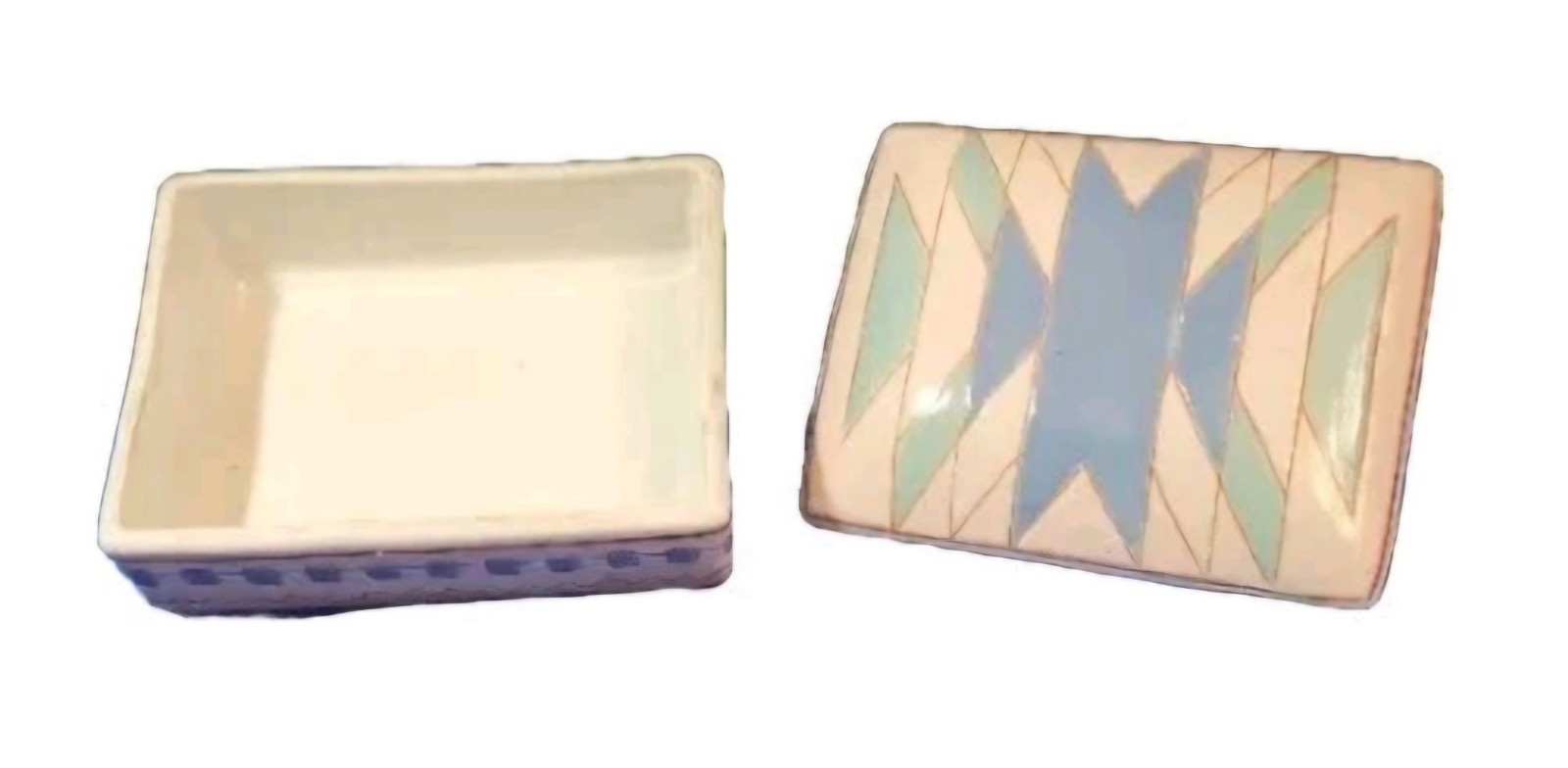 Aztec Trinket Box Jewelry Porcelain Macau Painted Design Blues 3.5×4.5x 1 3/4