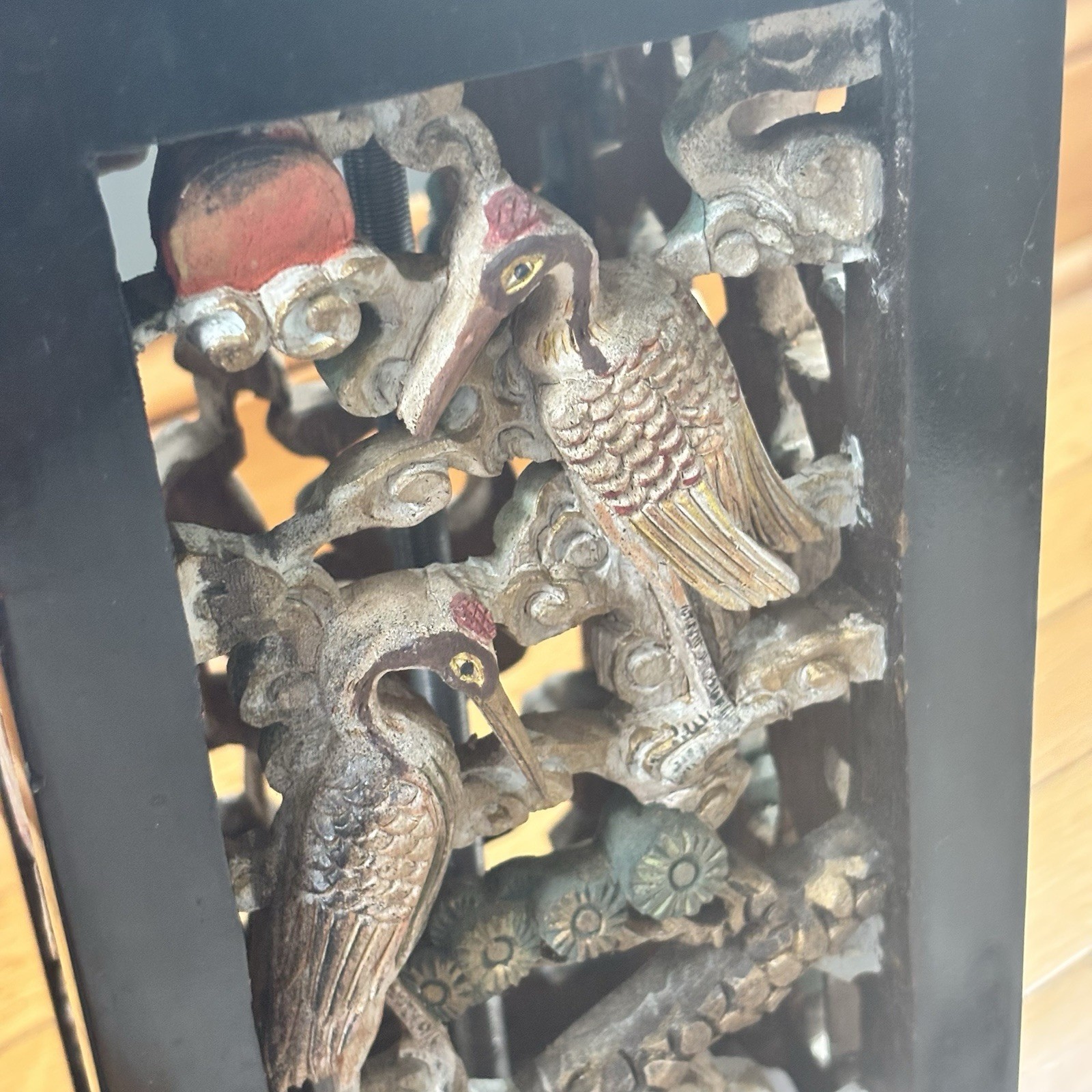 Rare Asian Inspired Intricate Hand Carved Bird Cutouts Table Lamp 31” Tall FLAW
