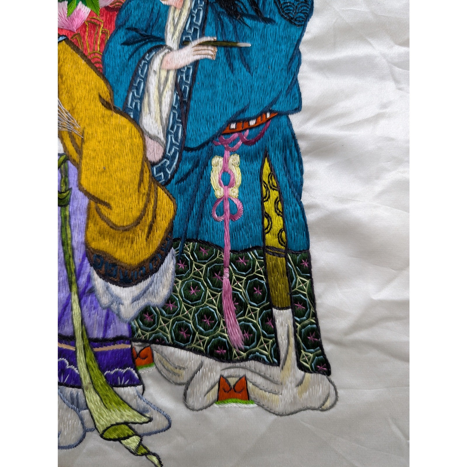 Vintage Chinese Hand Embroidered Three Immortals Fu Lu Shou Tapestry 23x14in