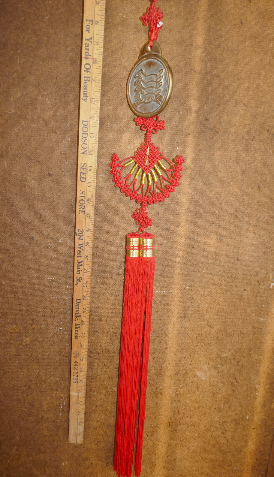 Large RED Double Tasseled Chinese Knot Wall Hanging Brass Medallion 6″W x 47″H