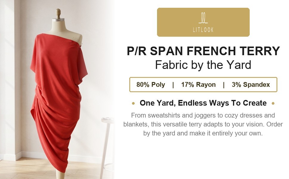 French Terry Knit Fabric by the Yard 4-Way Stretch Poly Rayon Spandex 190 GSM