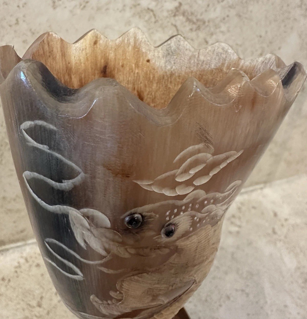Vintage Thai Carved Horn Vase Dragon Motif Handicraft Wood Base Decor – Textured