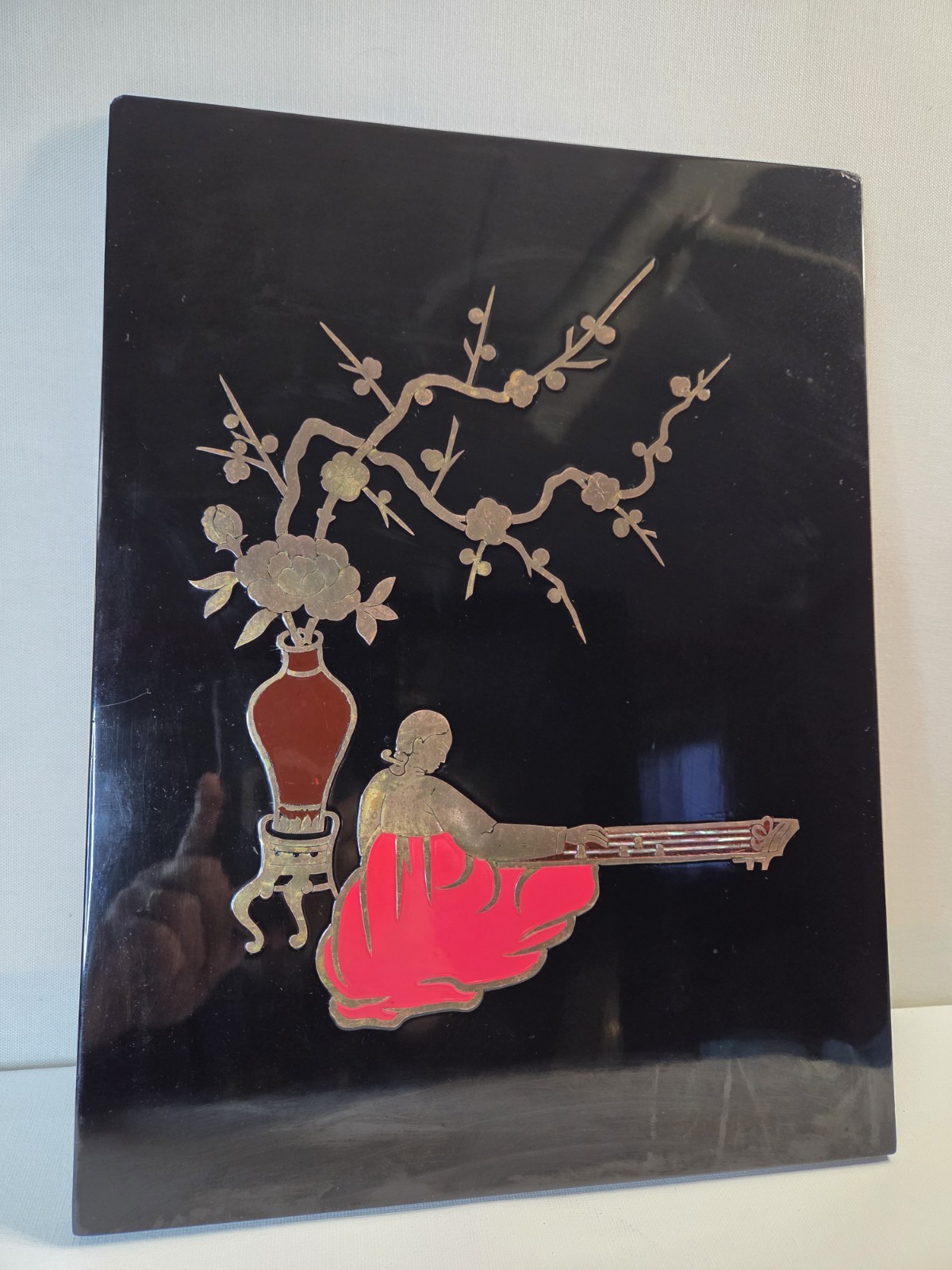 Vtg Asian Black Lacquer Mother of Pearl &Copper Wall Art Chinese 11×14 see pics