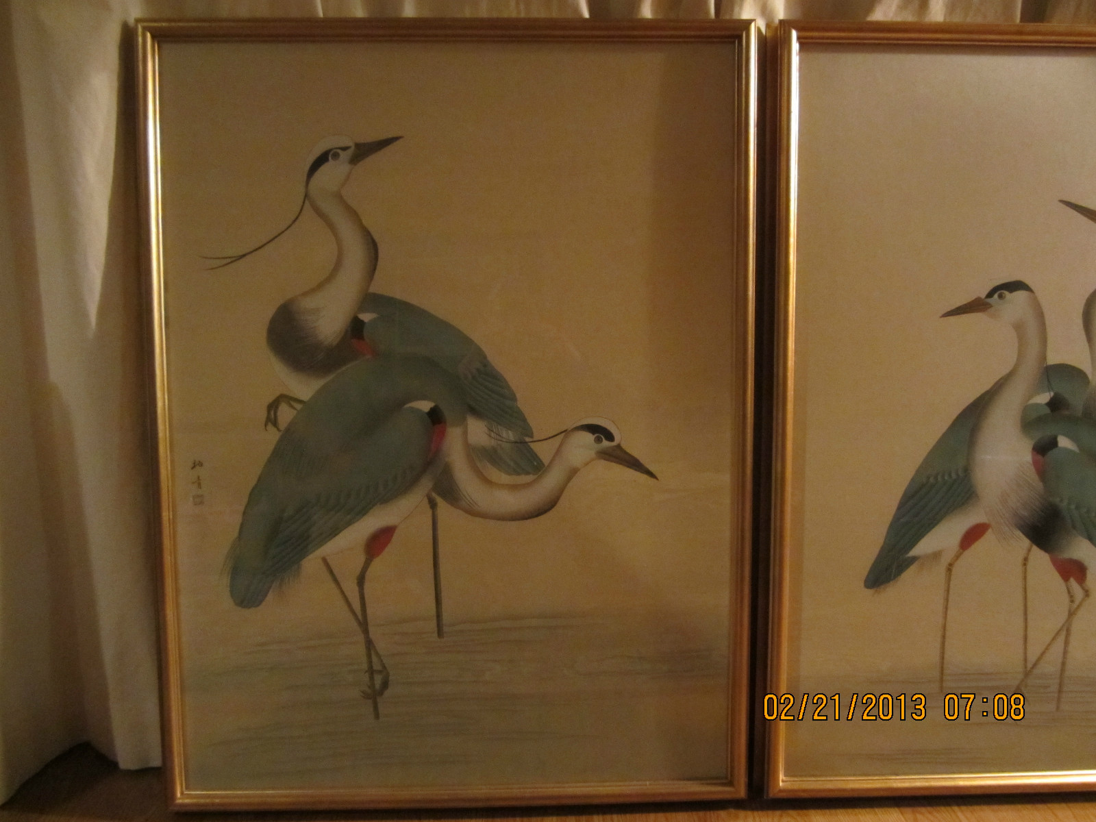 Large Asian Chinese Heron Crane Bird Art Pictures-Hand Painted Set Of 2-Stunning