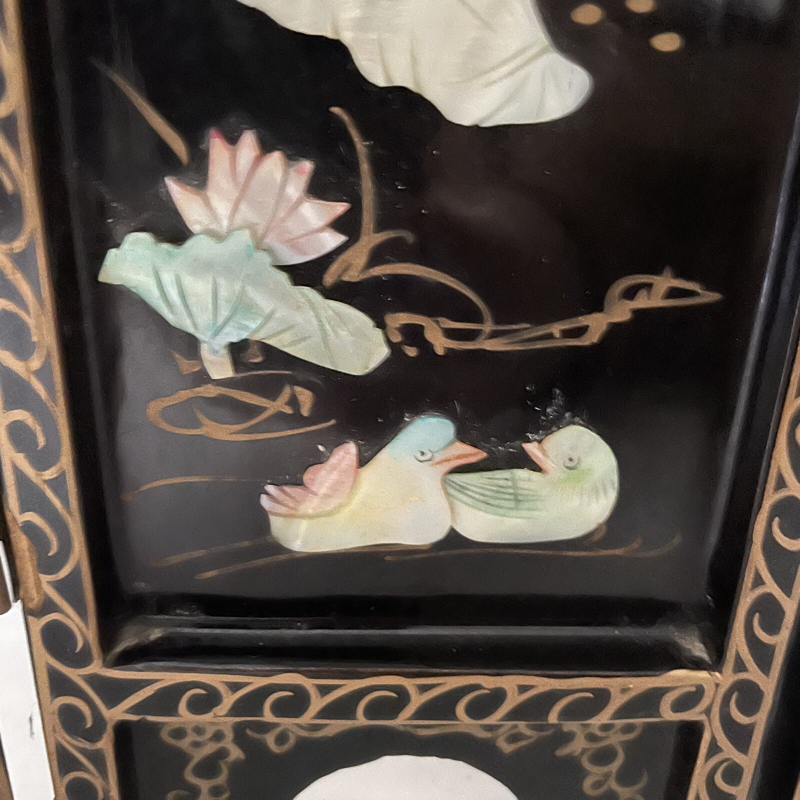 Vintage Oriental Black Lacquer Mother Of Pearl Geisha 4 Panel Screen 18”x14” SEE