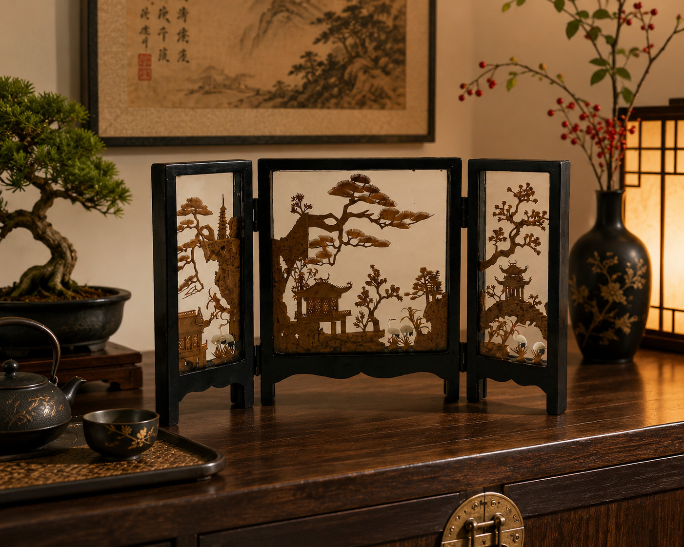 Vintage Chinese Cork Diorama Folding Screen Carved Art Lacquer Wood 3 Panel