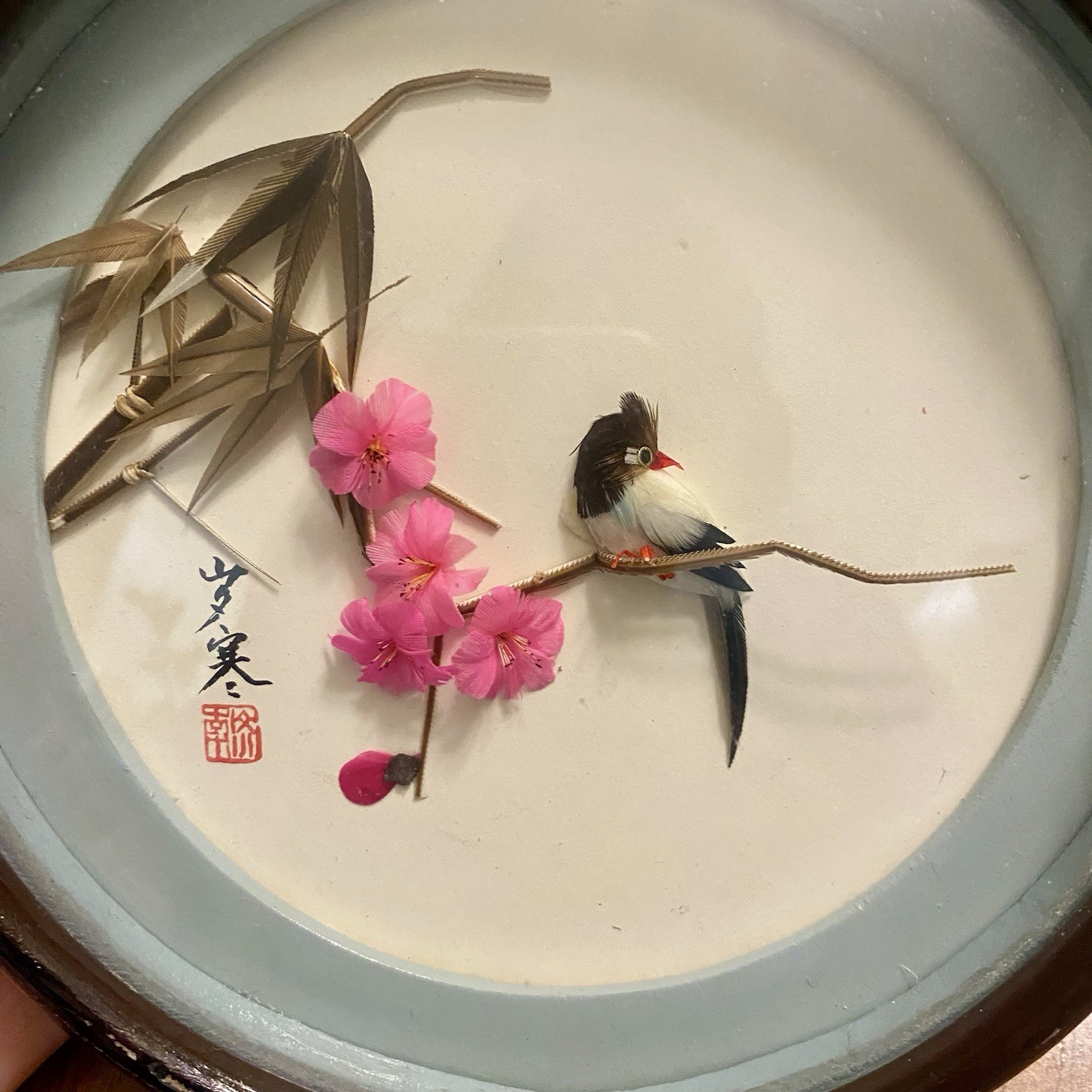 Vintage Framed Chinese 3D feather art diorama