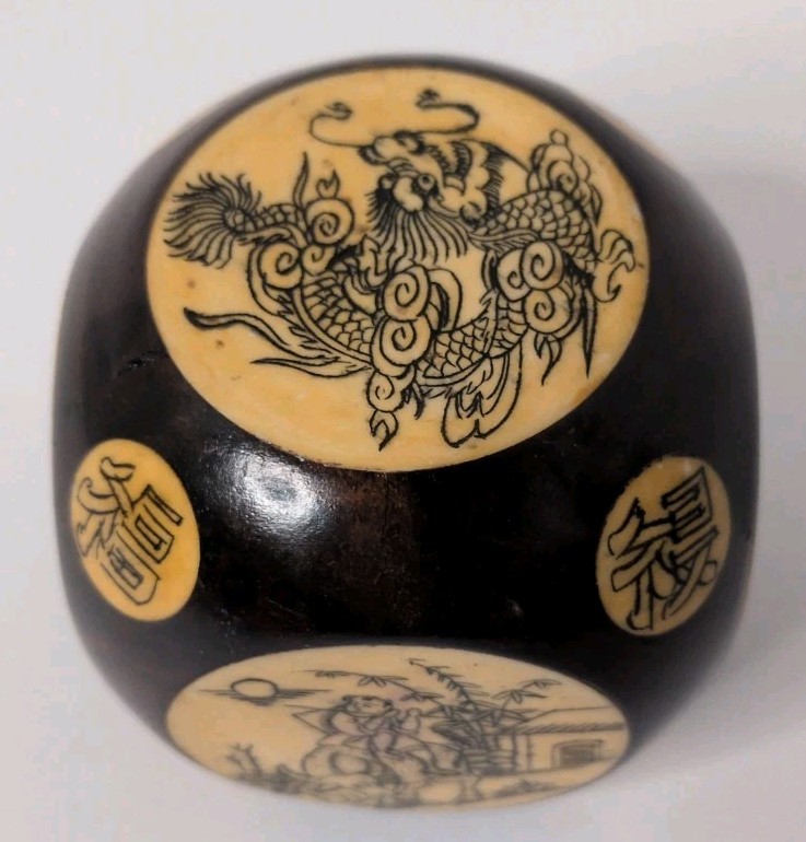 Chinese Bone Scrimshaw Rosewood Zodiac Cube Dice