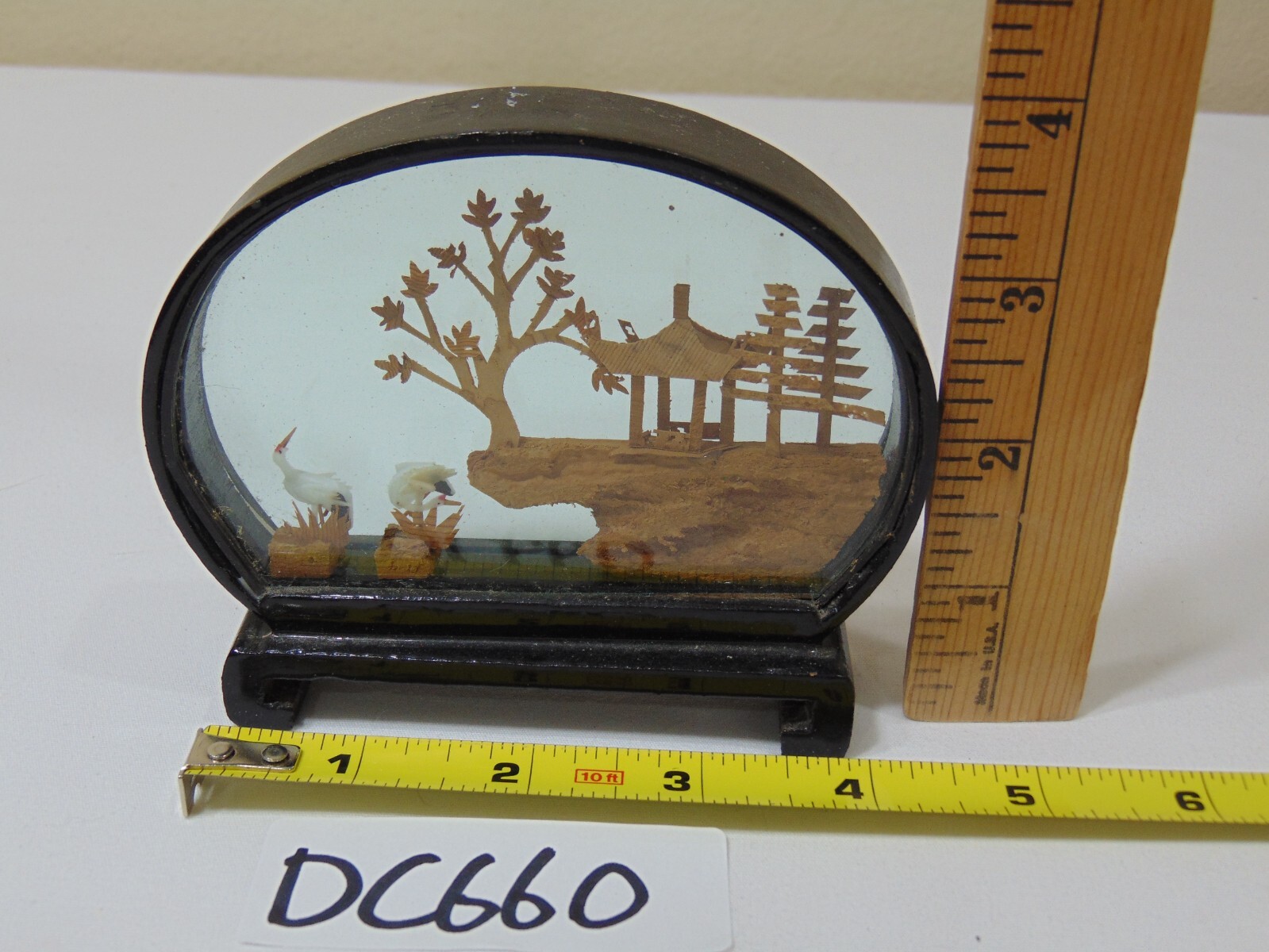 Hand Carved Vintage Cork Diorama Asian Crane Pagoda Trees Art Glass Chinese