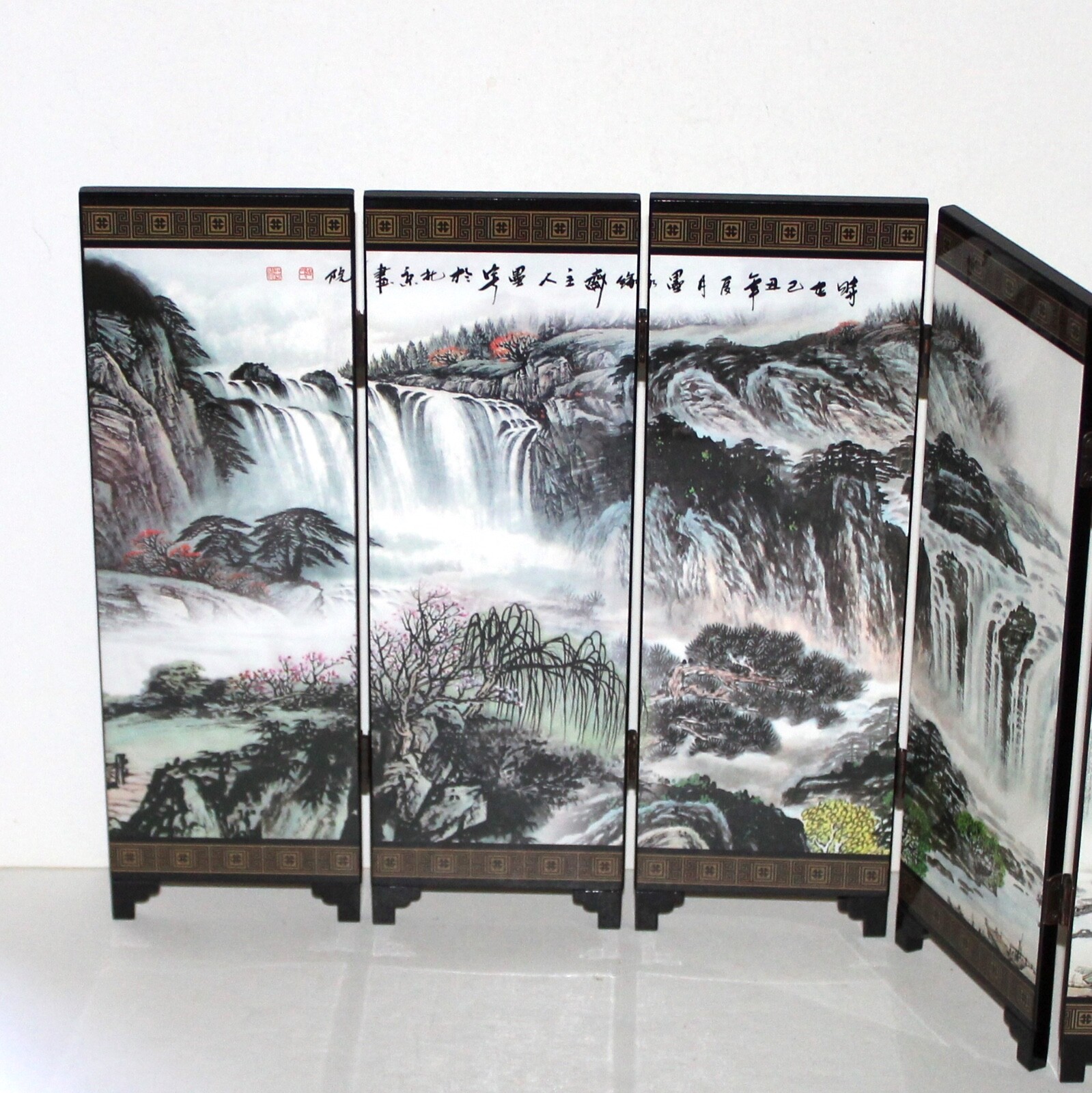 Jin Xiu Shan He small Chinese 6 panel screen divider lacquer decor asian