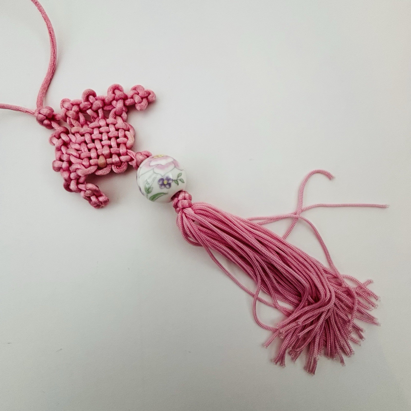 Oriental Chinese Lucky Knot Hanging Porcelain Ornament Pink With Tassel