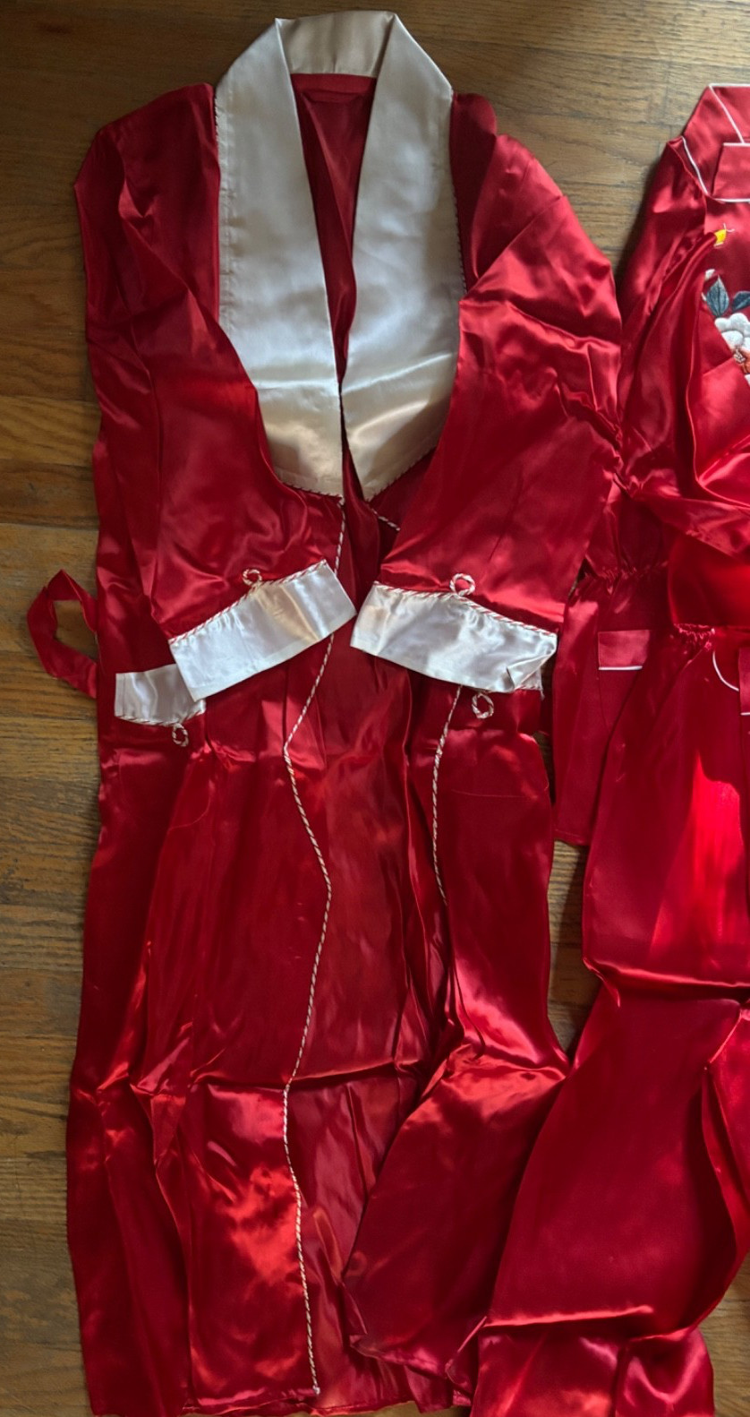 Vintage Chinese Red Silk Pajama Robe Set w/ Slippers & Box 1950s