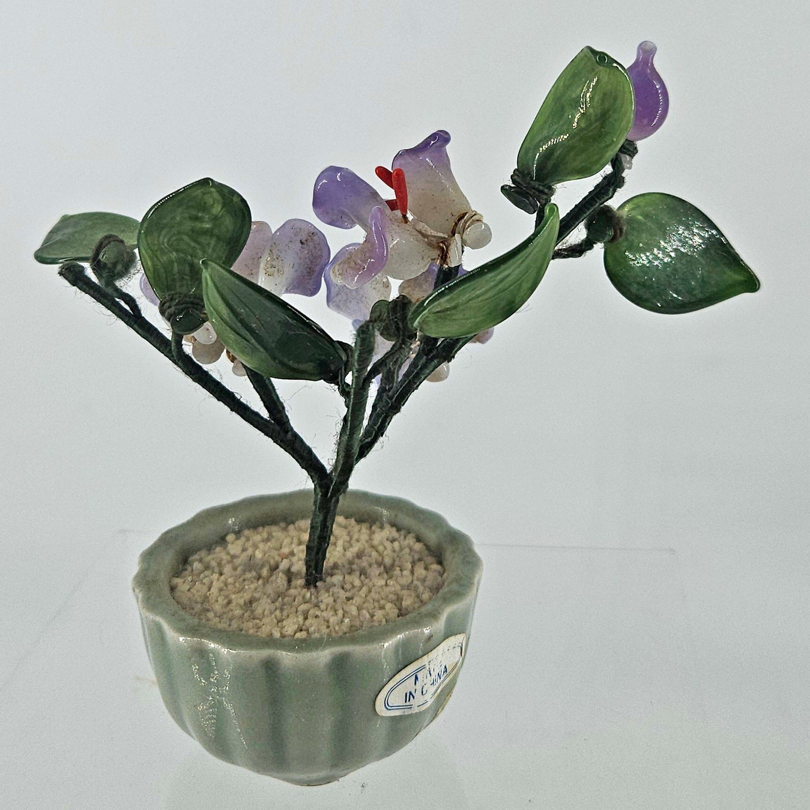 Vintage Jade Glass Bonsai Tree purple Flower Quartz Celadon Pot small 5″