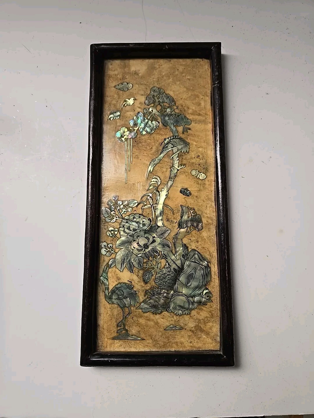 VINTAGE CHINESE FRAMED STONE PANEL WITH MOTHER OF PEARL INLAID,20th CENTURY.