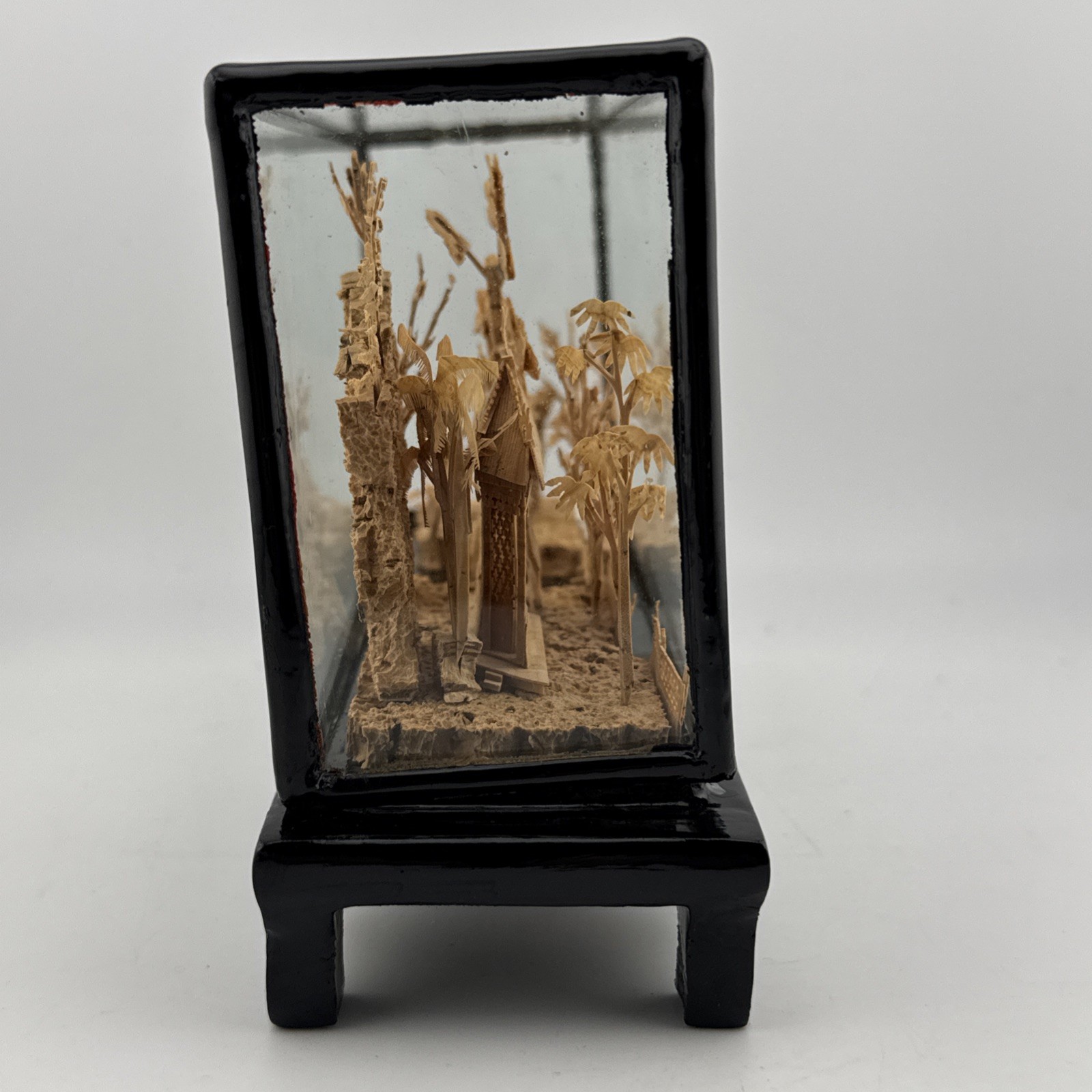 Vintage Chinese Hand Carved Cork Diorama with birds Framed Glass Wood