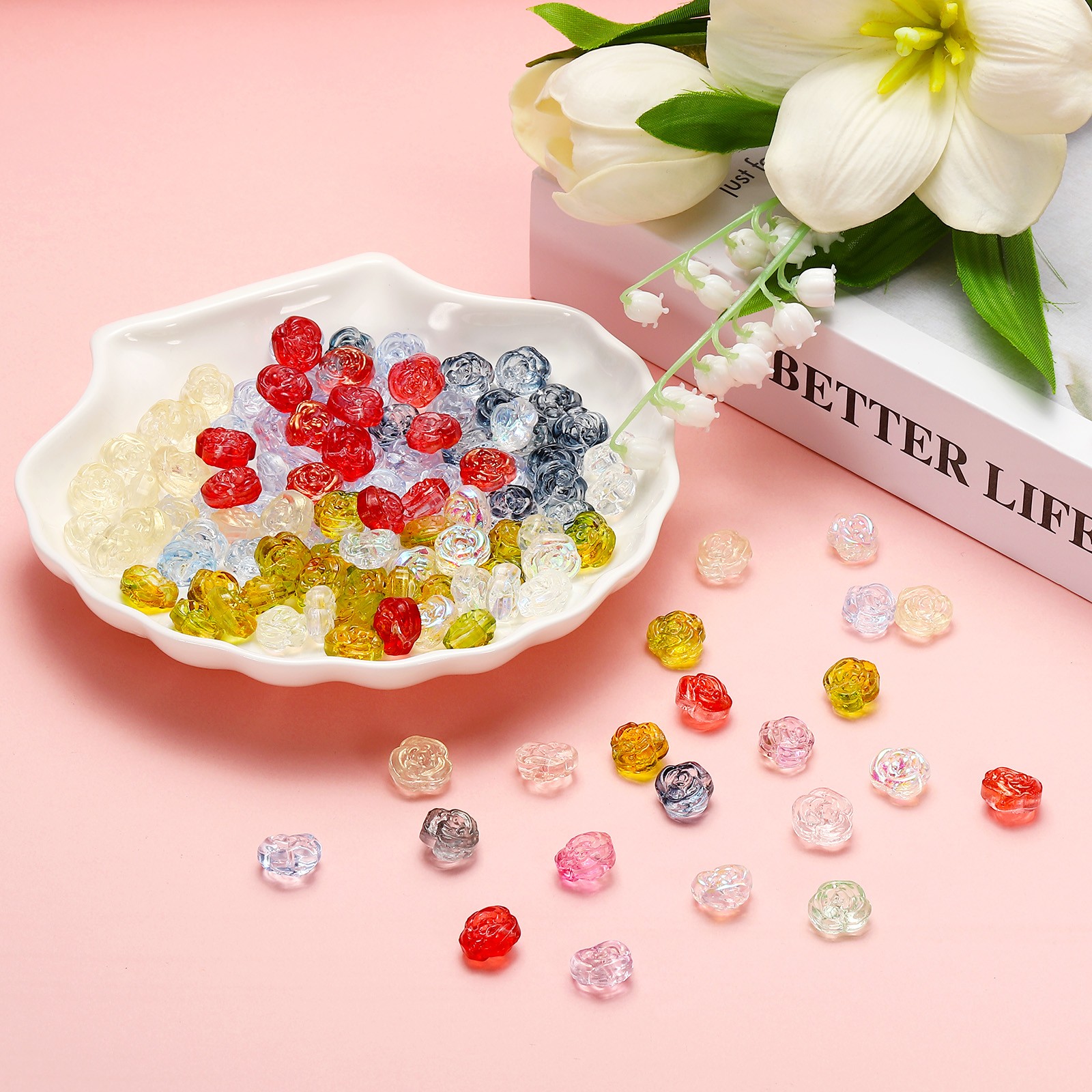 100 Pcs Rose Beads, 0.55″ Glass Flower Rose Charm, Red