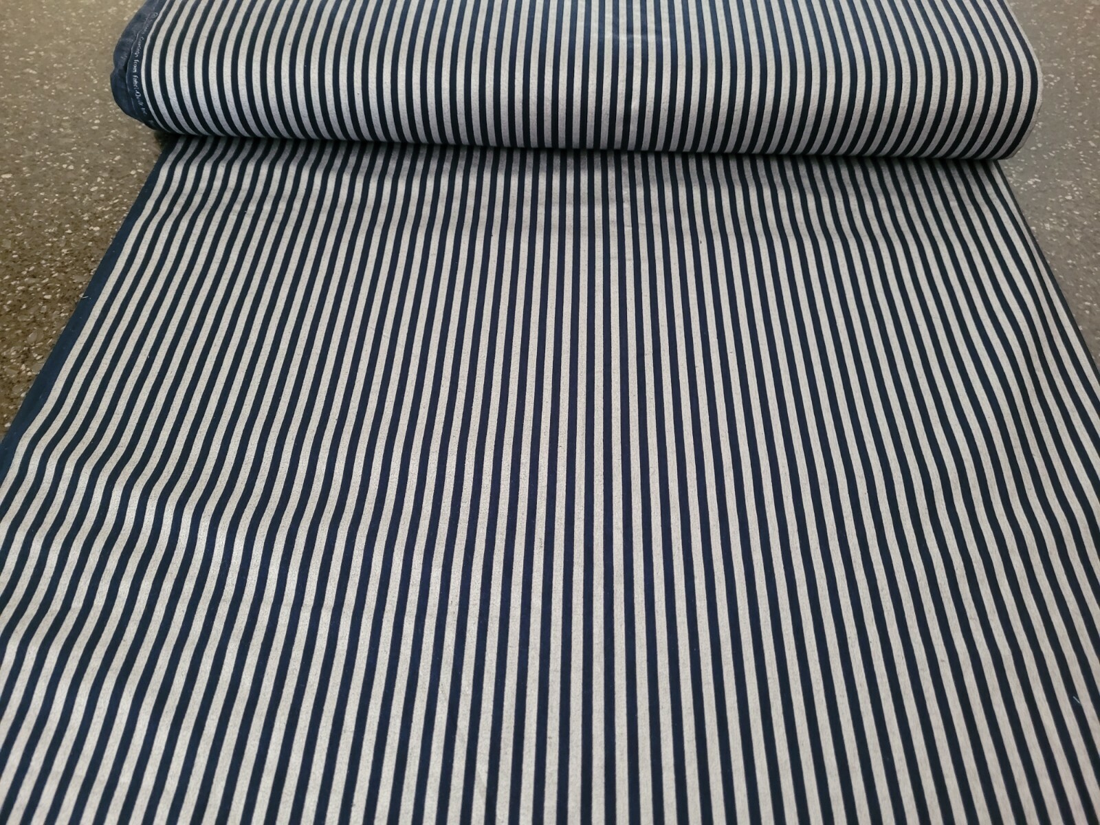 Seasons Greetings BTY Fabri-Quilt Metallic Silver Navy Blue Stripe