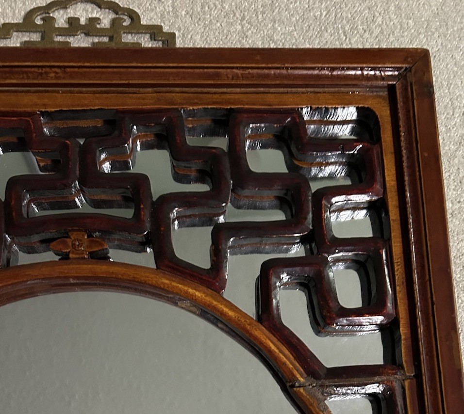 Chinese Red Asian Mirror, Solid Fir Hand Carved Lattice Design Brass Hanger