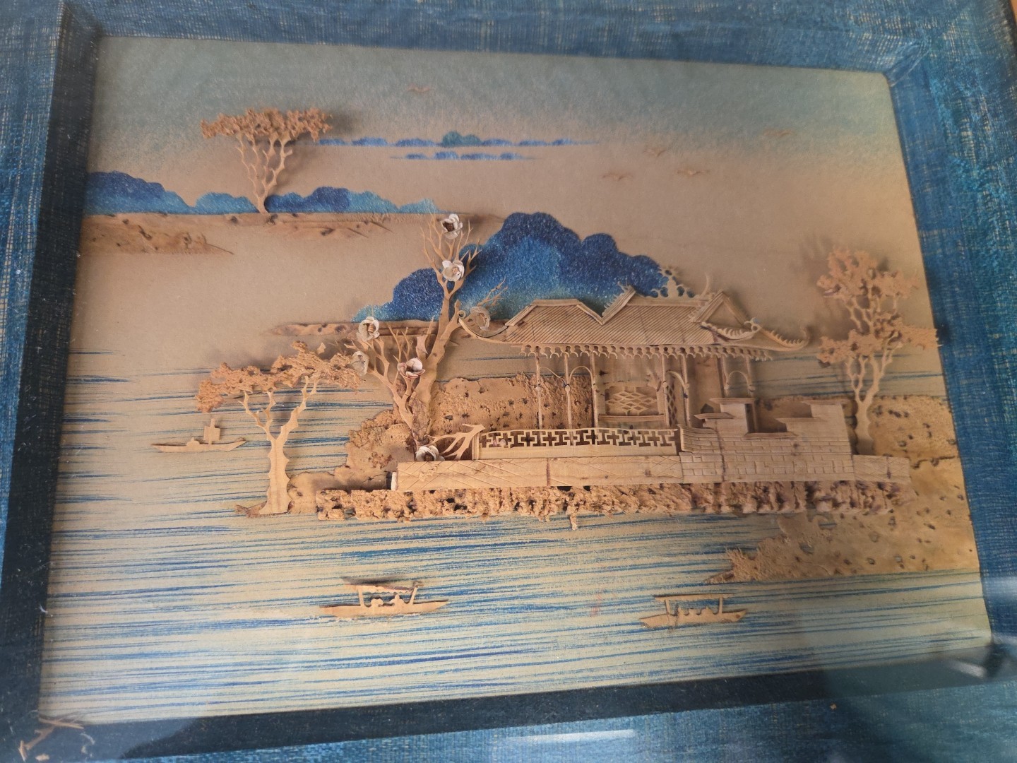 Set of 2 Vintage Asian Cork Art Diorama 3D Shadow Box Wall Art-see Photos